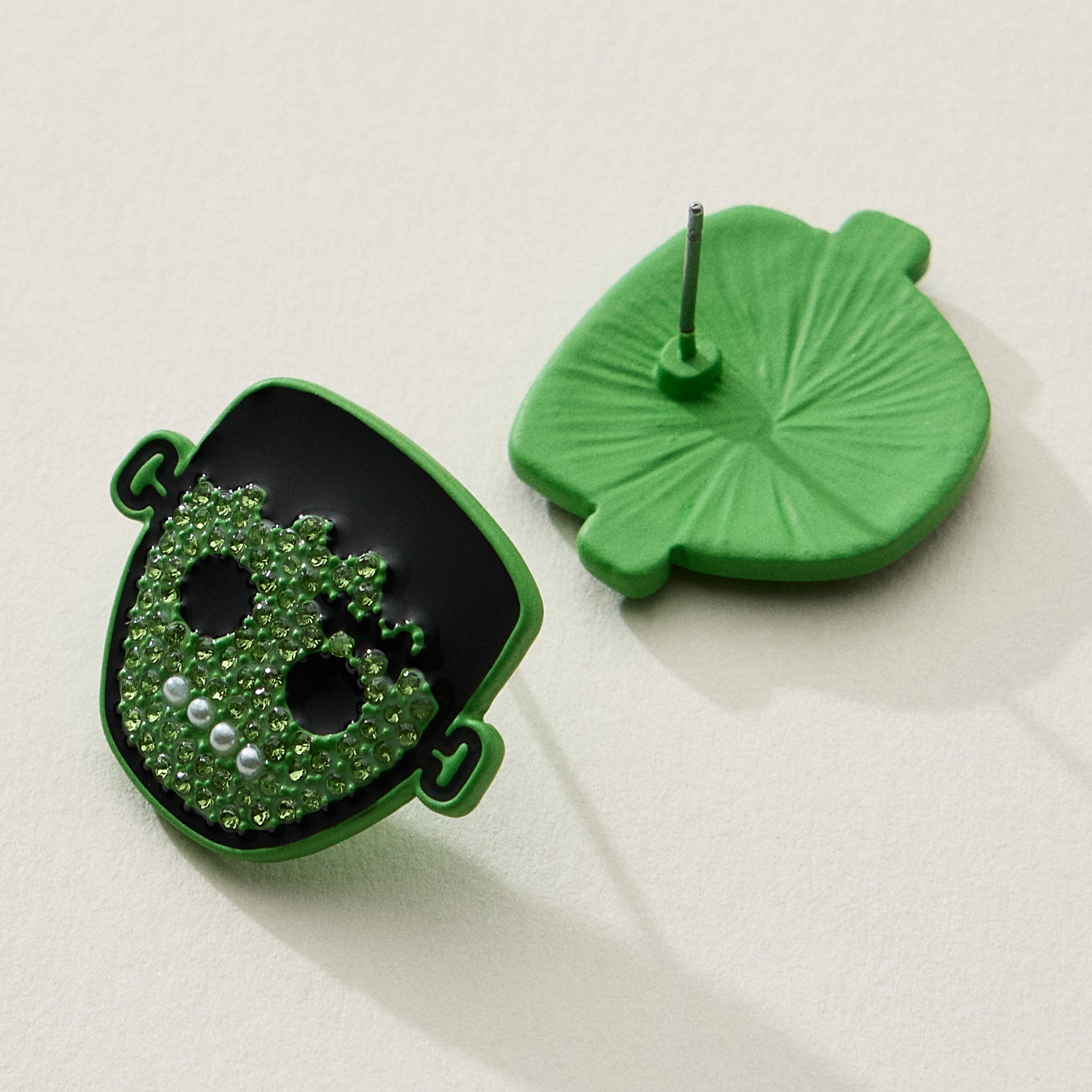 Green Rhinestone Frankenstein Halloween Earrings