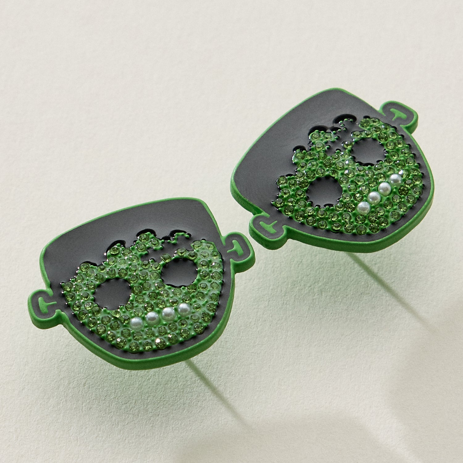 Green Rhinestone Frankenstein Halloween Earrings