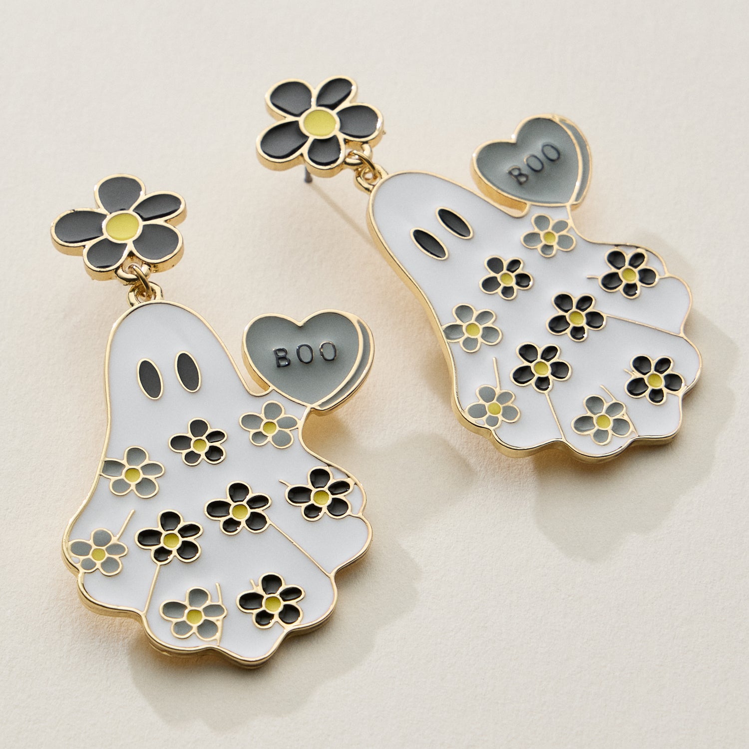 Halloween Ghost Enamel Earrings with Floral Design