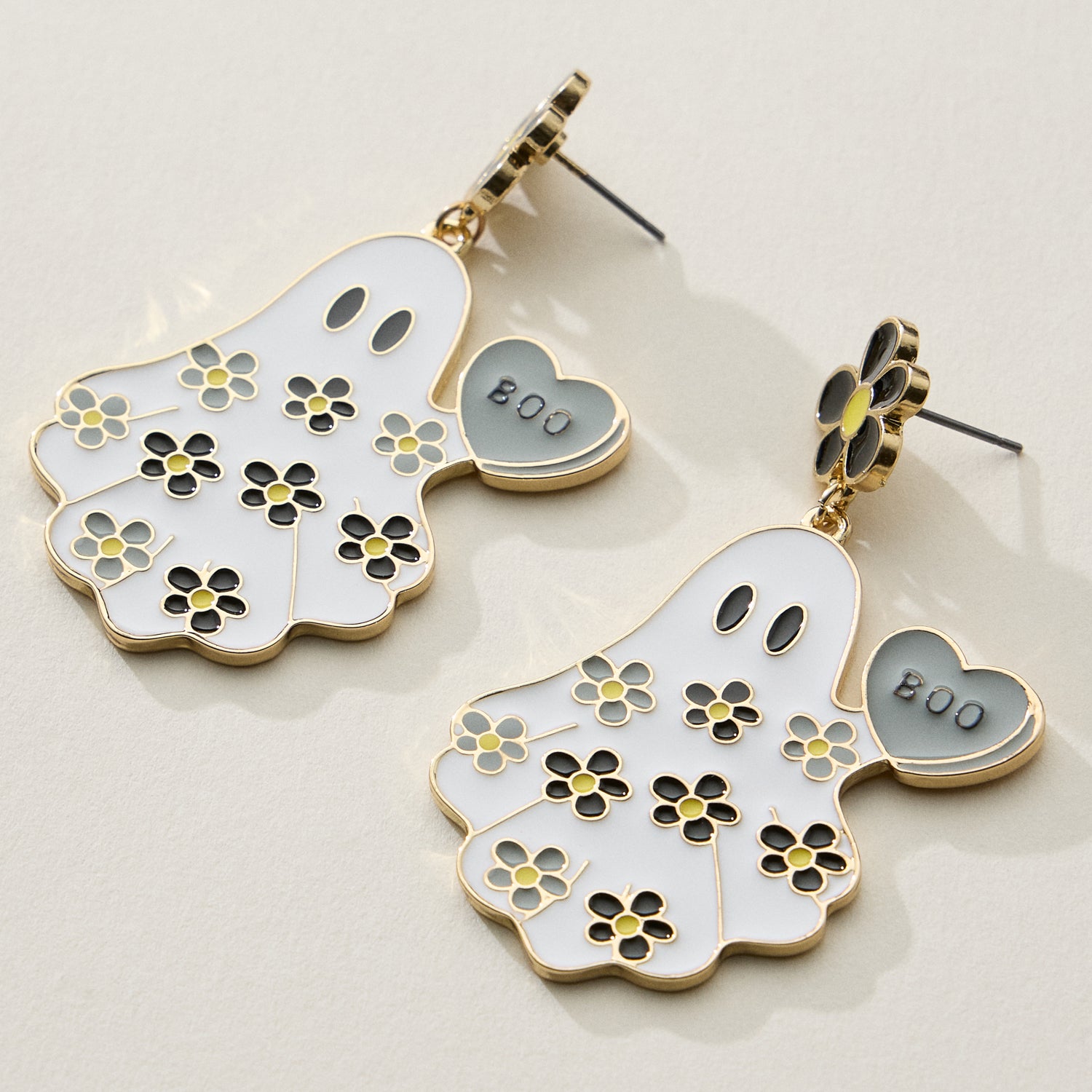 Halloween Ghost Enamel Earrings with Floral Design