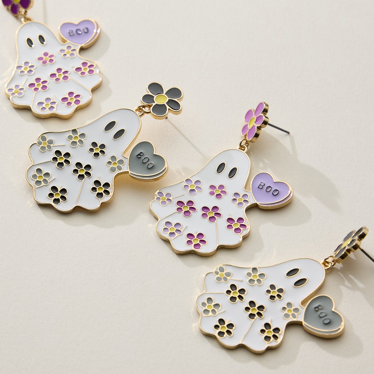 Halloween Ghost Enamel Earrings with Floral Design
