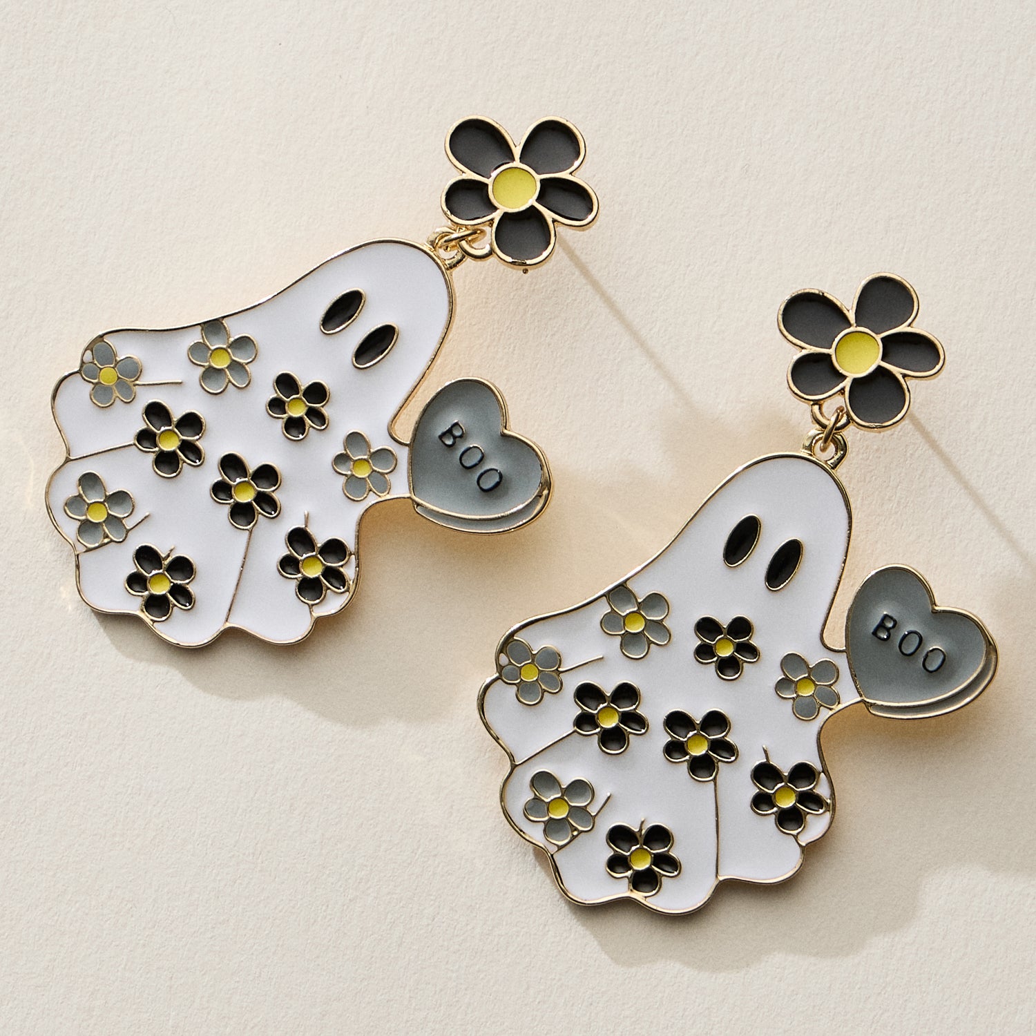 Halloween Ghost Enamel Earrings with Floral Design