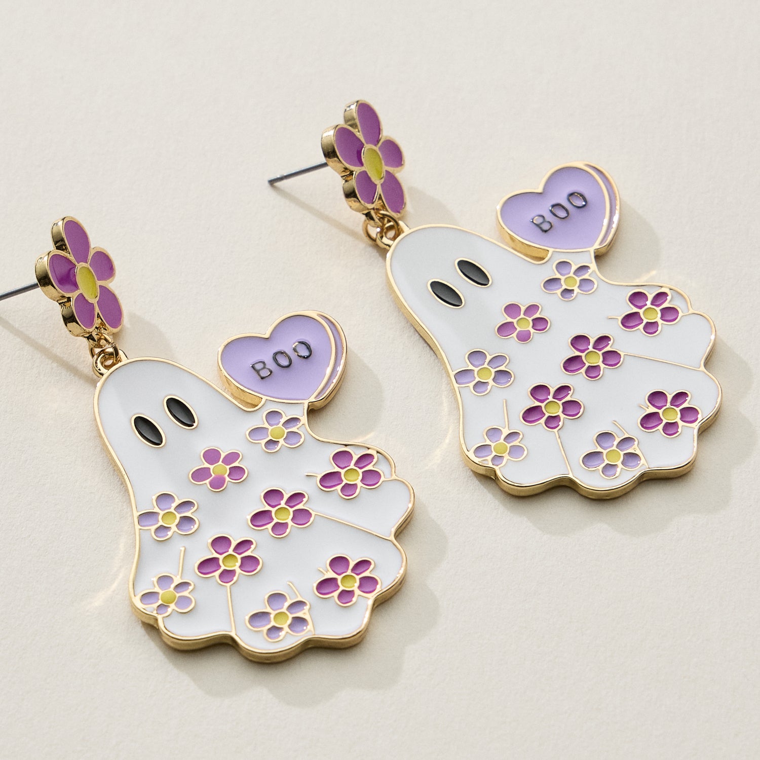 Halloween Ghost Enamel Earrings with Floral Design