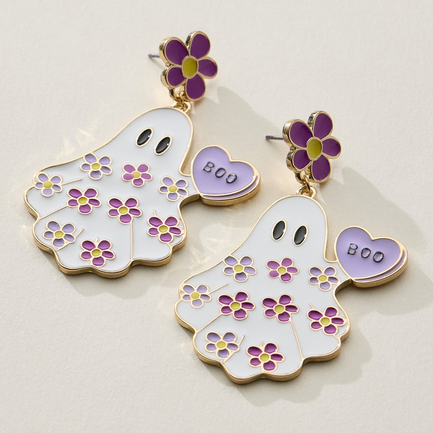 Halloween Ghost Enamel Earrings with Floral Design