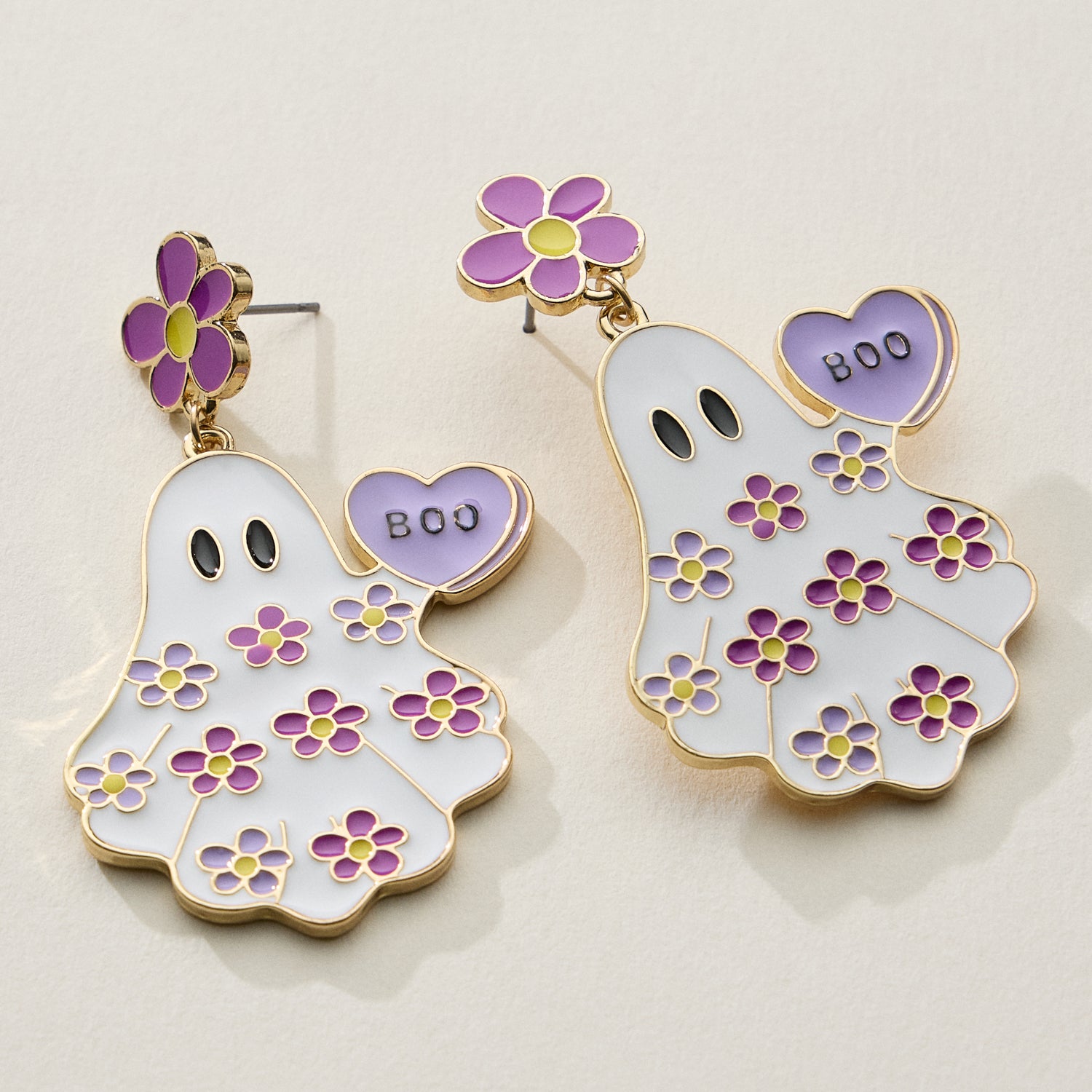 Halloween Ghost Enamel Earrings with Floral Design