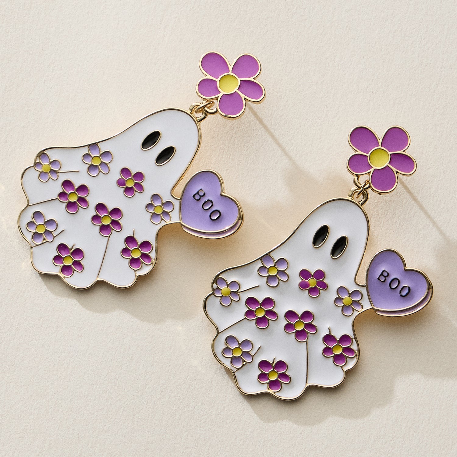 Halloween Ghost Enamel Earrings with Floral Design