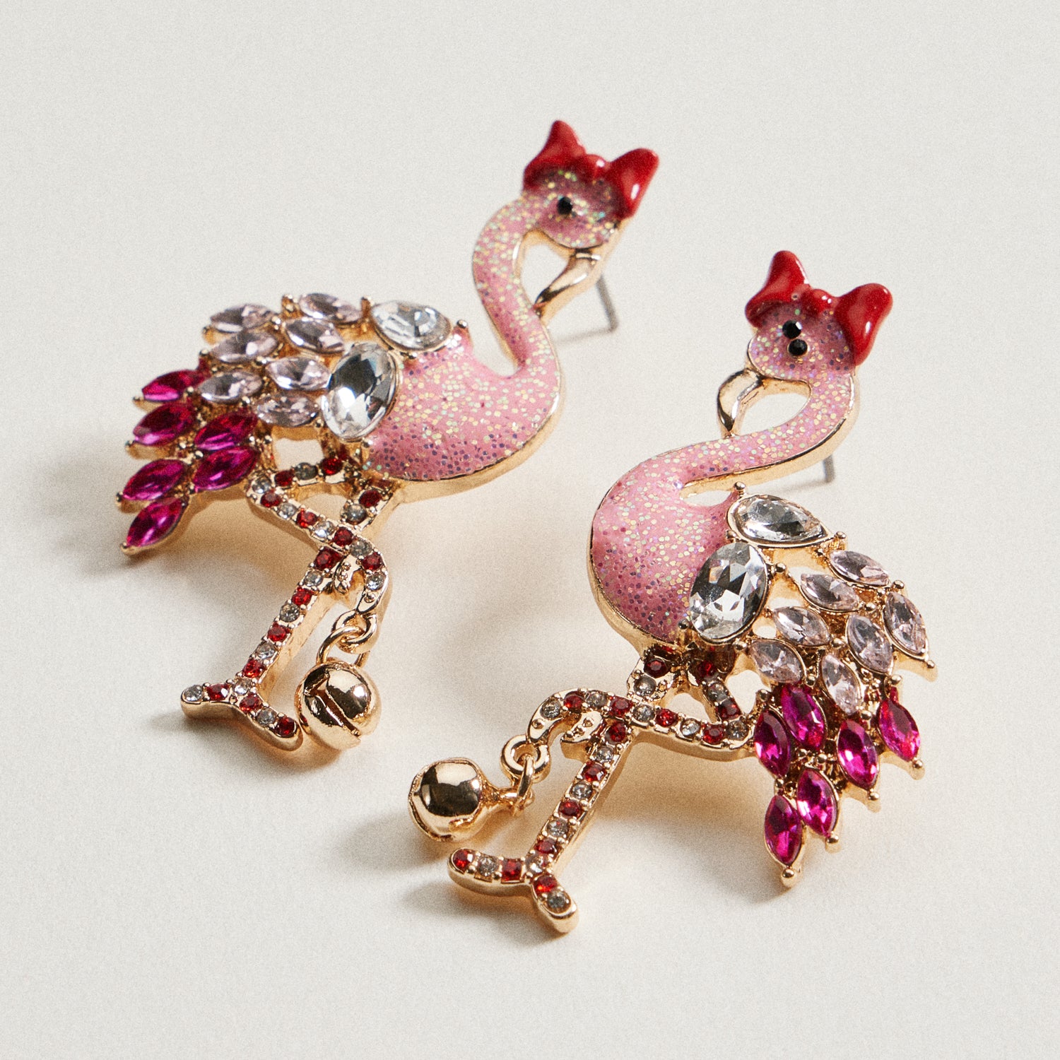 Rhinestone Flamingo Bell Drop Earrings | Tropical Statement Charm