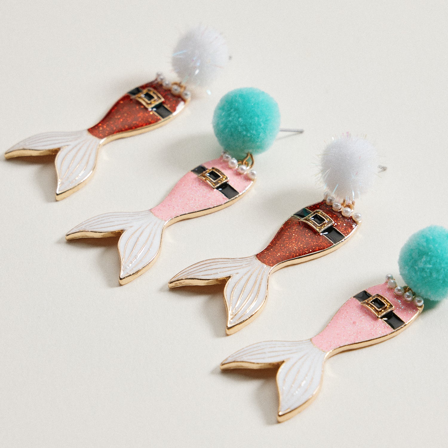 Glitter Santa Mermaid Dangle Earrings | Pom Pom Holiday Earrings