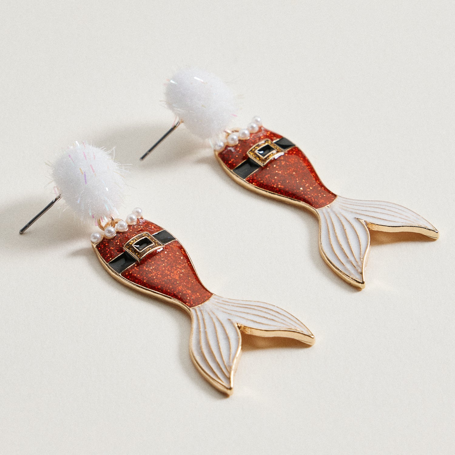 Glitter Santa Mermaid Dangle Earrings | Pom Pom Holiday Earrings