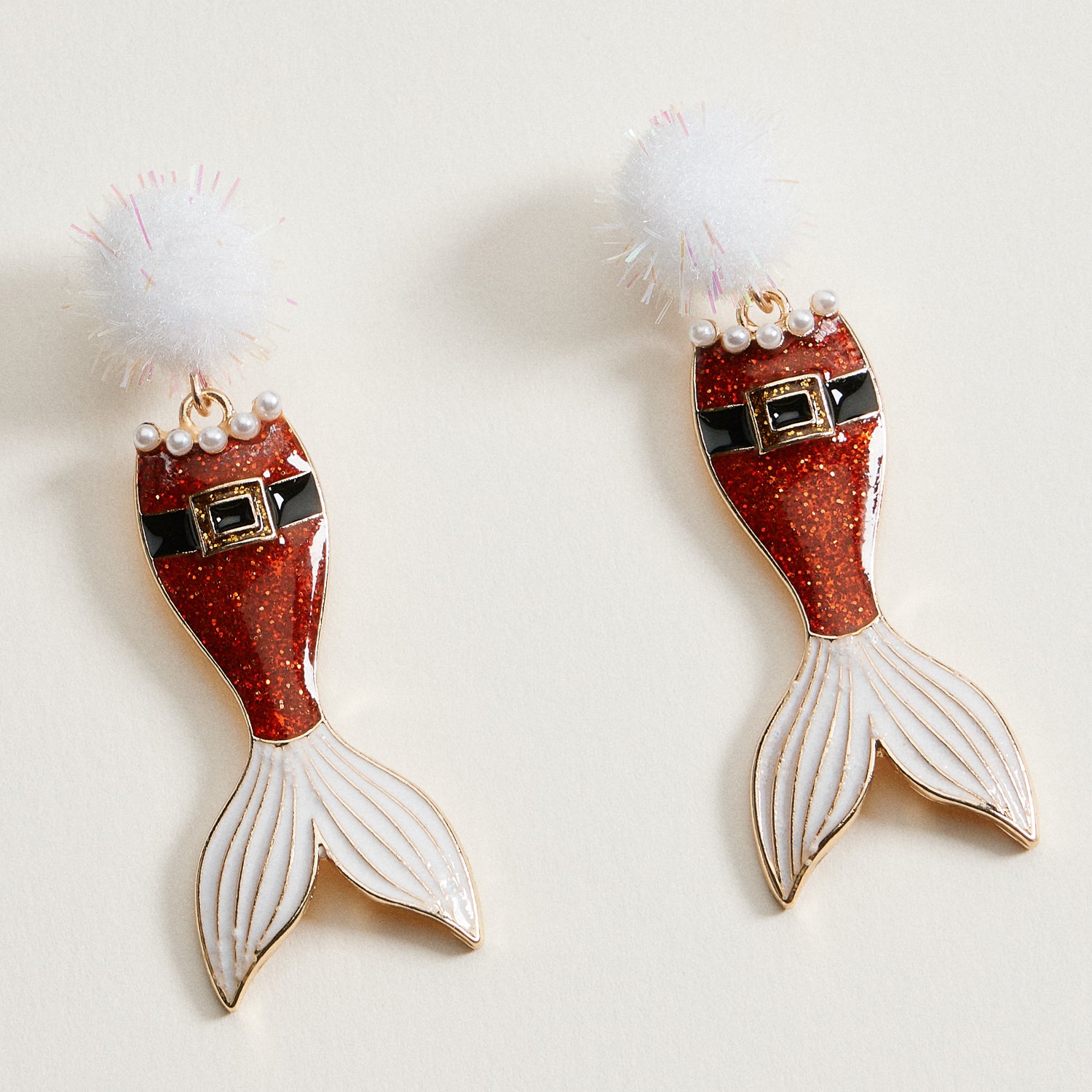 Glitter Santa Mermaid Dangle Earrings | Pom Pom Holiday Earrings