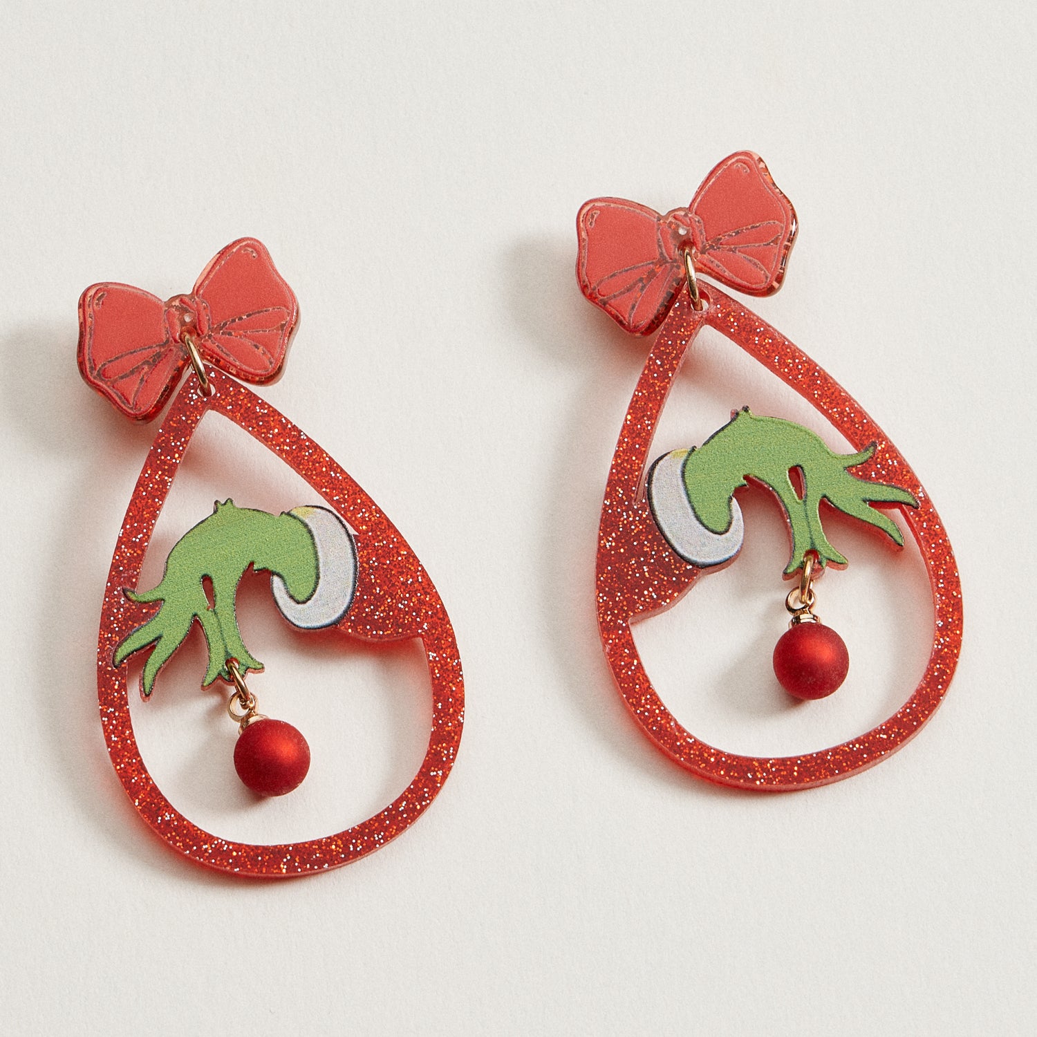 Green Monster Hand Dangle Earrings | Christmas Bow Acetate Earrings