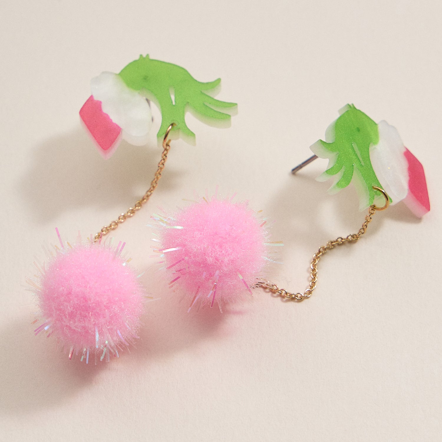 Whimsical Green Monster Hand & Pom-Pom Holiday Drop Earrings