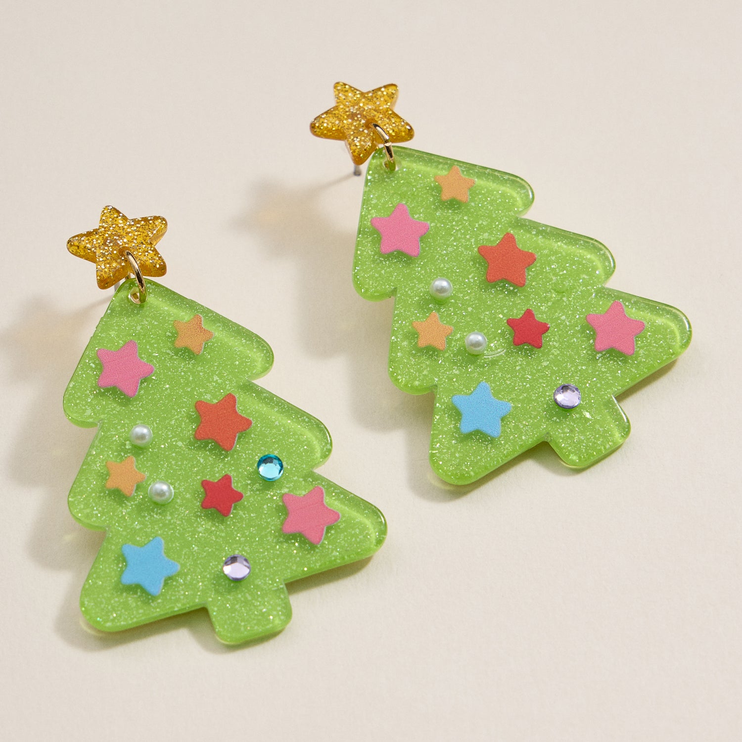 Glittery Christmas Tree Drop Earrings | Holiday Acrylic Earrings