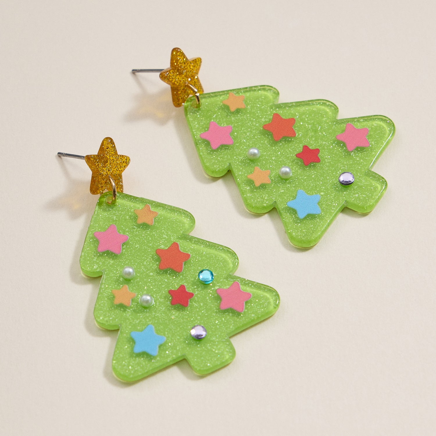 Glittery Christmas Tree Drop Earrings | Holiday Acrylic Earrings