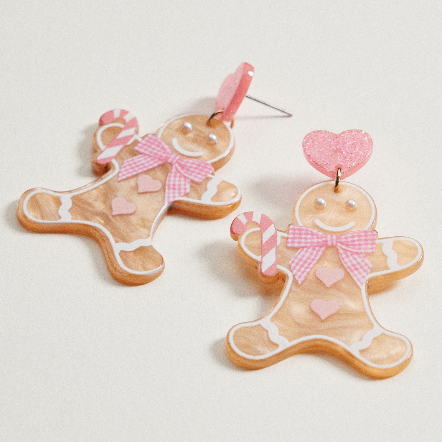 Acrylic Pink Gingerbread Cookie Drop Earrings | Candy Cane Holiday Dangles