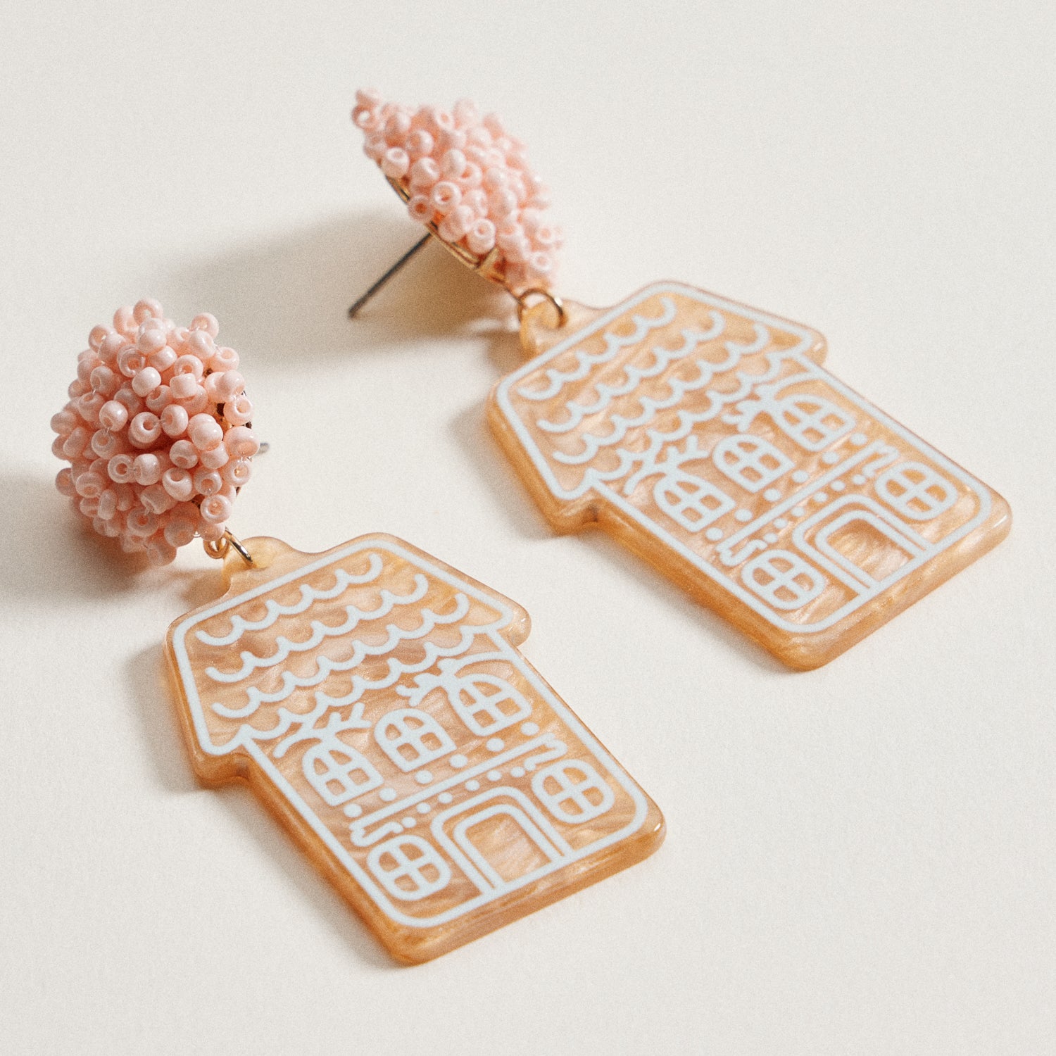 Pink Bead Gingerbread House Earrings | Acrylic Christmas Dangles