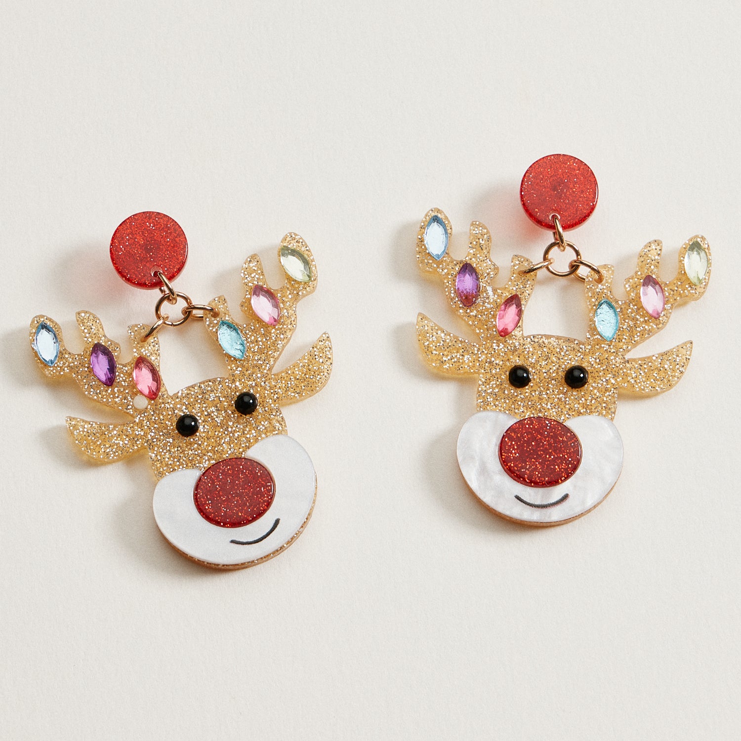 Glitter Rudolph Reindeer Earrings | Rhinestone Christmas Dangles