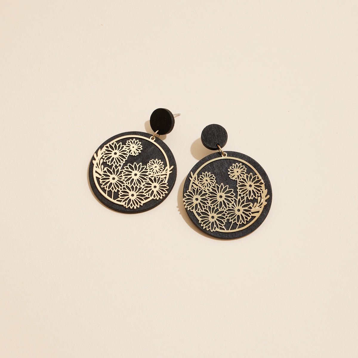 Golden Blossom Filigree Earrings with Wood and Metal Charms - Frem