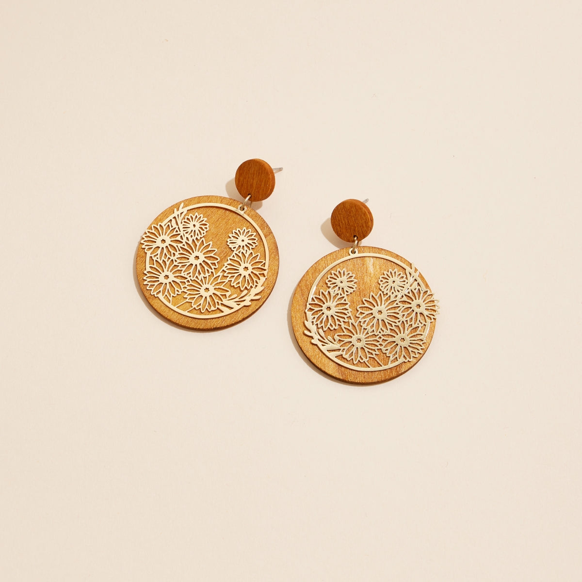 Golden Blossom Filigree Earrings with Wood and Metal Charms - Frem