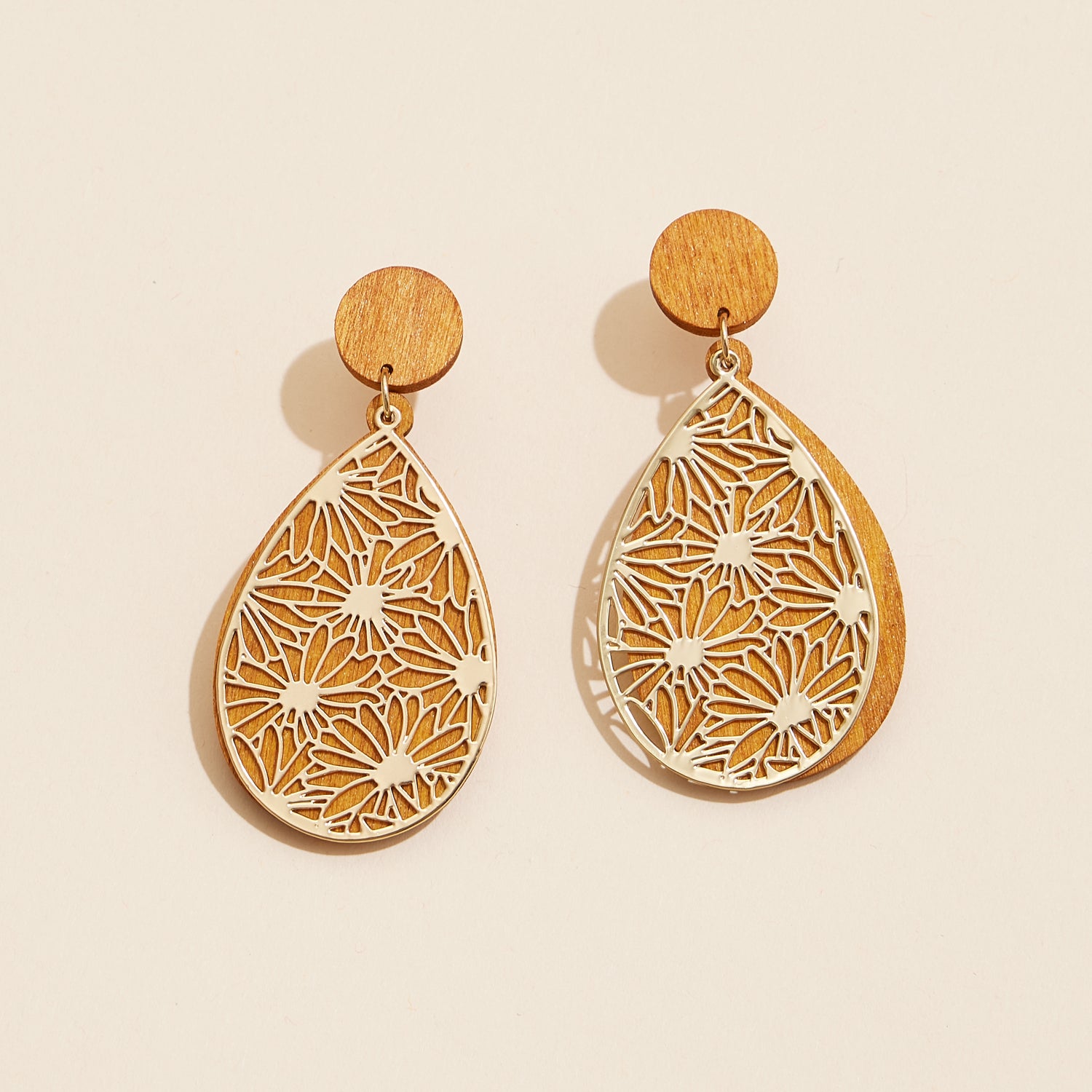 Teardrop Wood & Gold Filigree | Earrings with Floral Motif