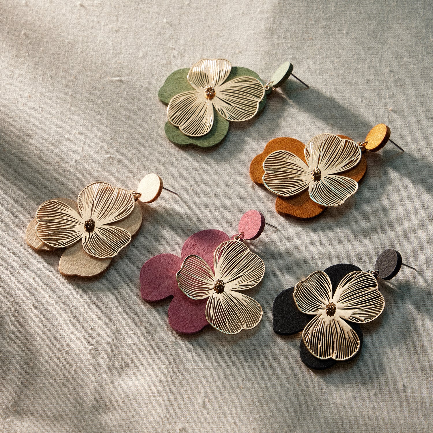 Gold-Kissed Wooden Filigree Earrings with Floral Detail - Frem