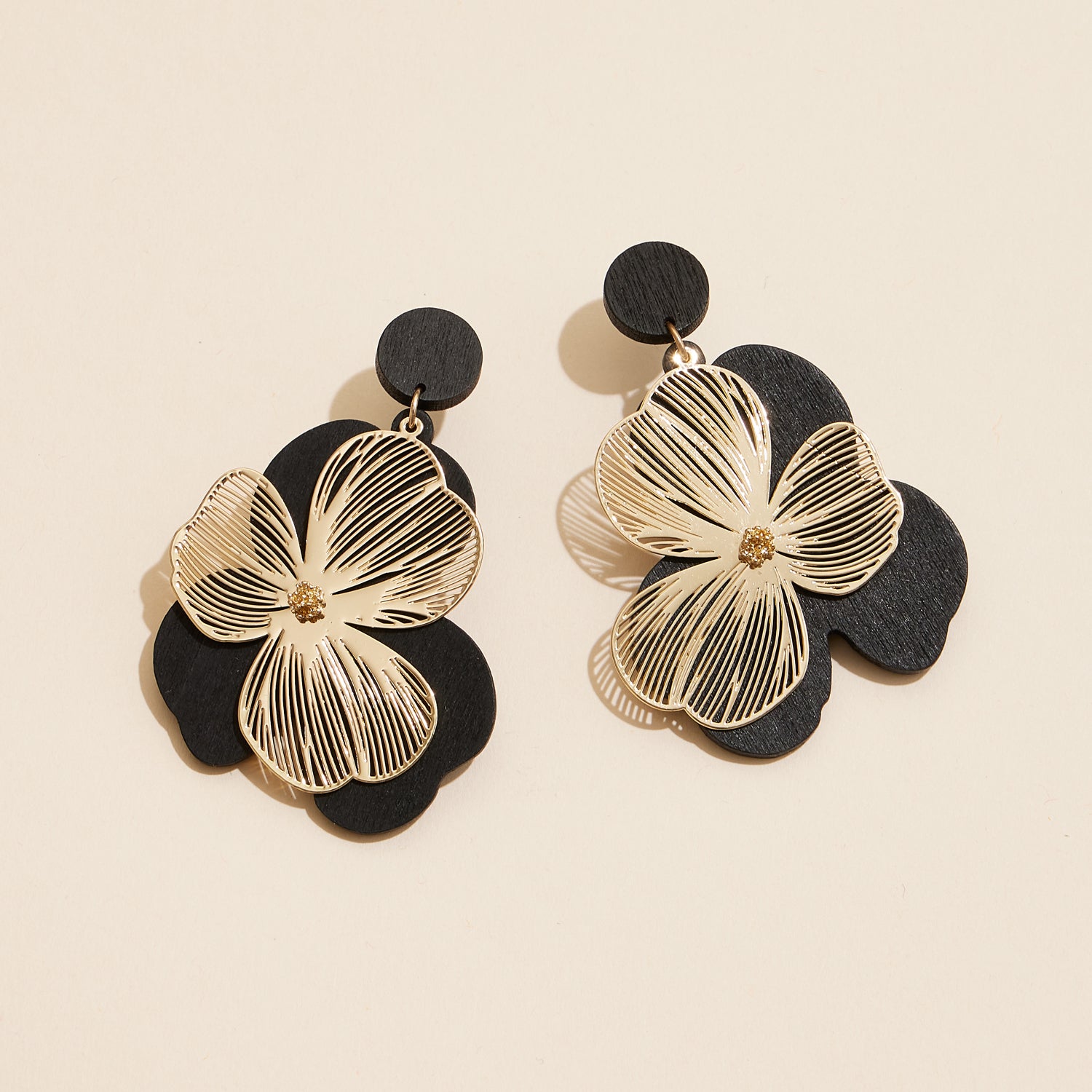Gold-Kissed Wooden Filigree Earrings with Floral Detail - Frem