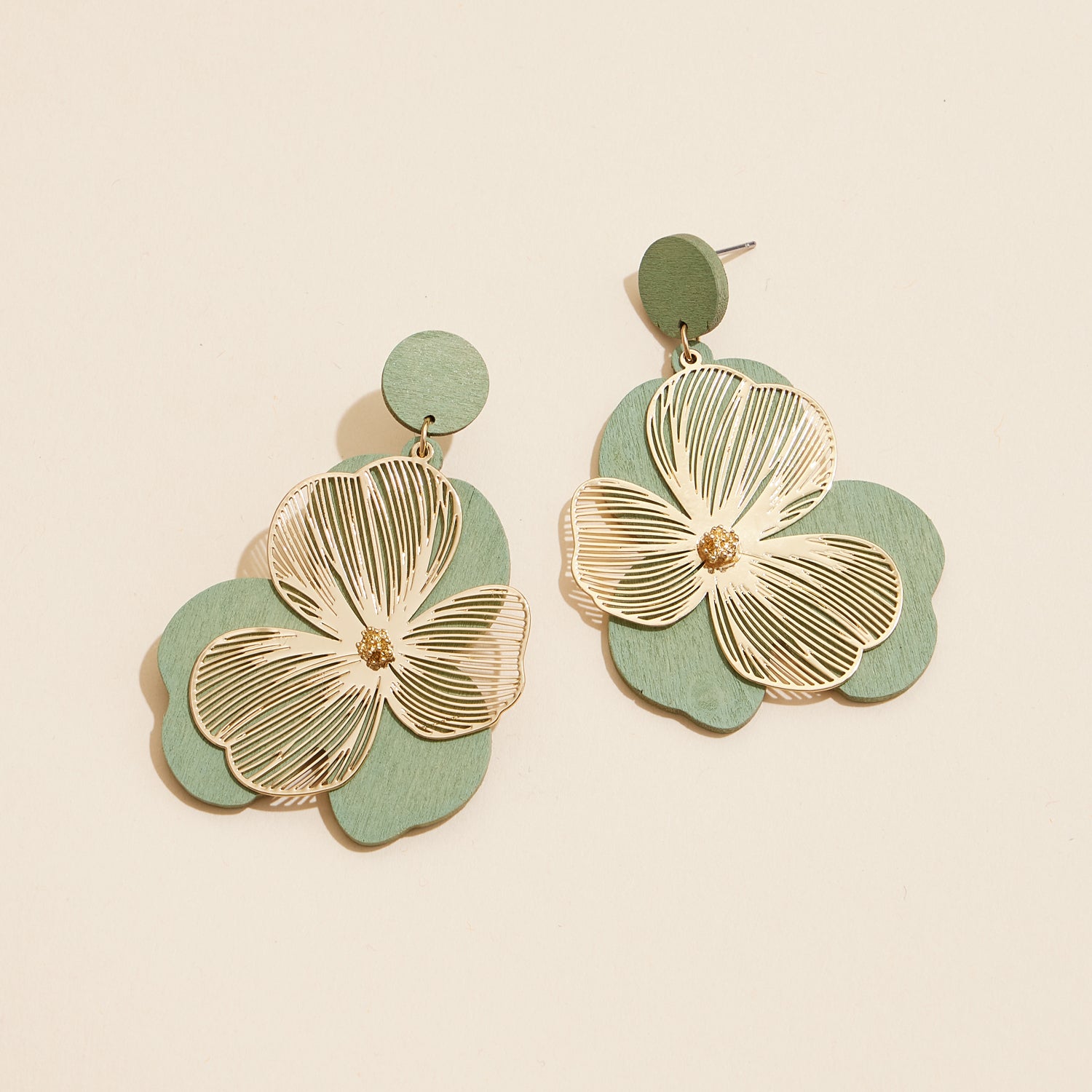 Gold-Kissed Wooden Filigree Earrings with Floral Detail - Frem
