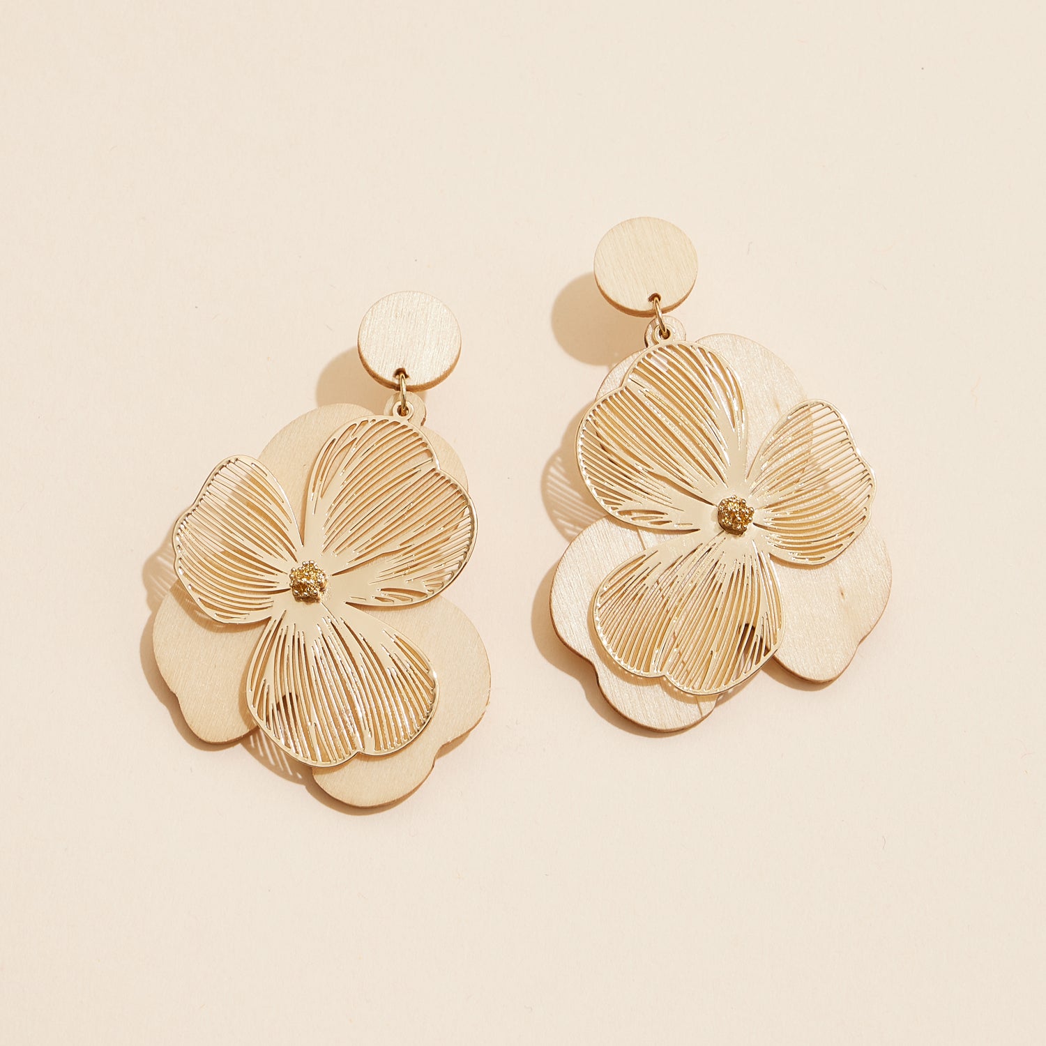 Gold-Kissed Wooden Filigree Earrings with Floral Detail - Frem