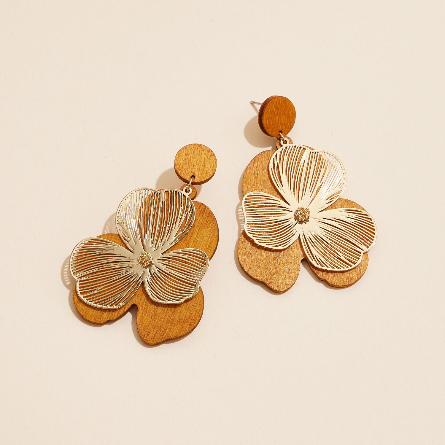 Gold-Kissed Wooden Filigree Earrings with Floral Detail - Frem