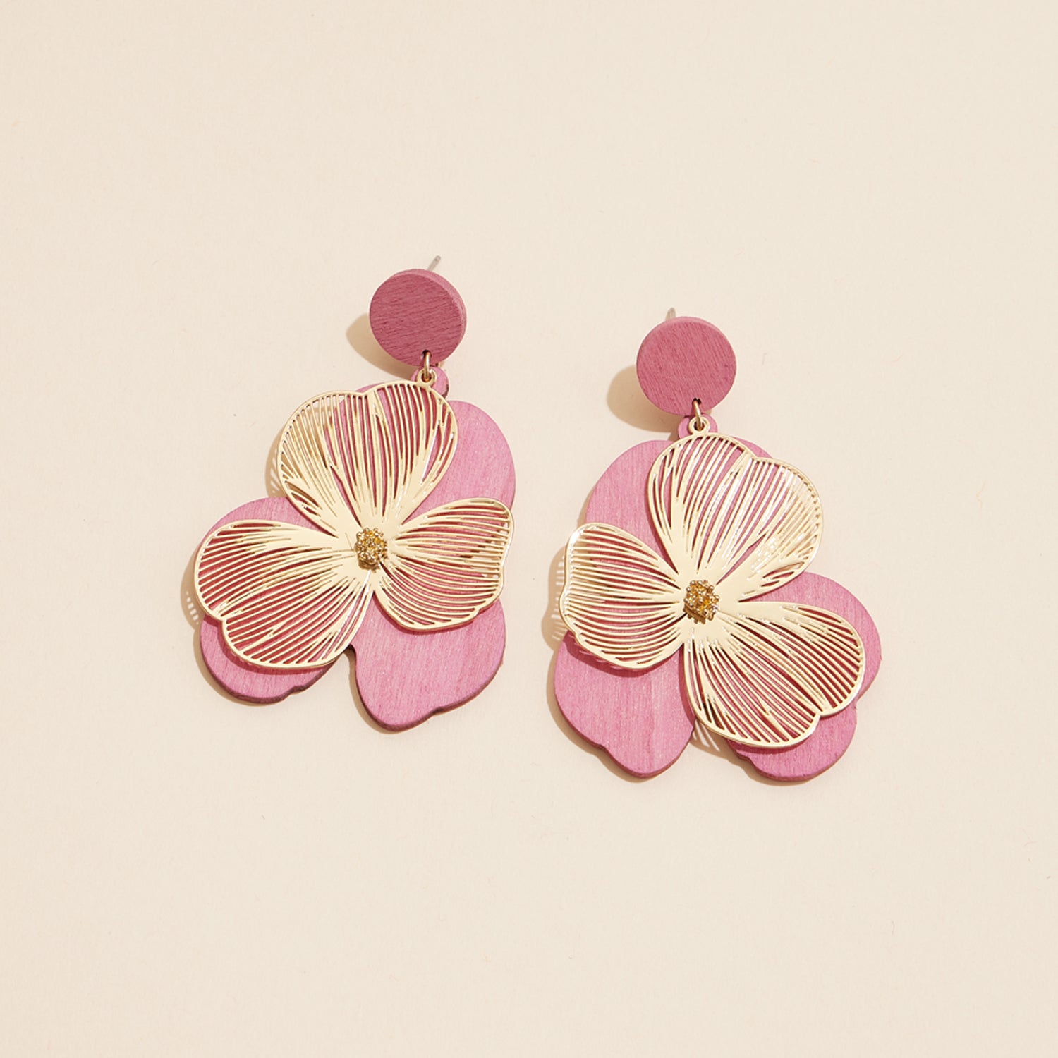 Gold-Kissed Wooden Filigree Earrings with Floral Detail - Frem