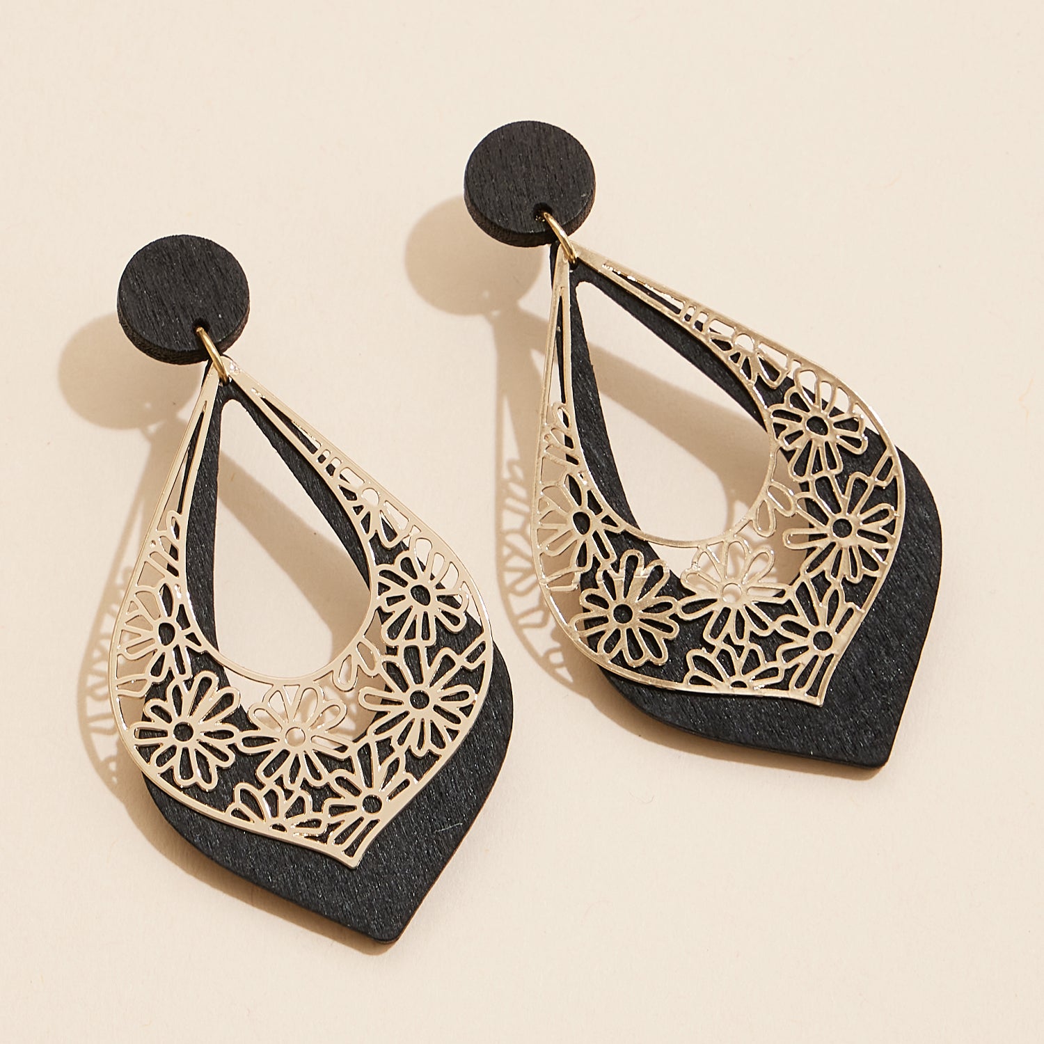Refined Wooden Teardrop Earrings with Floral Cutout Design - Frem