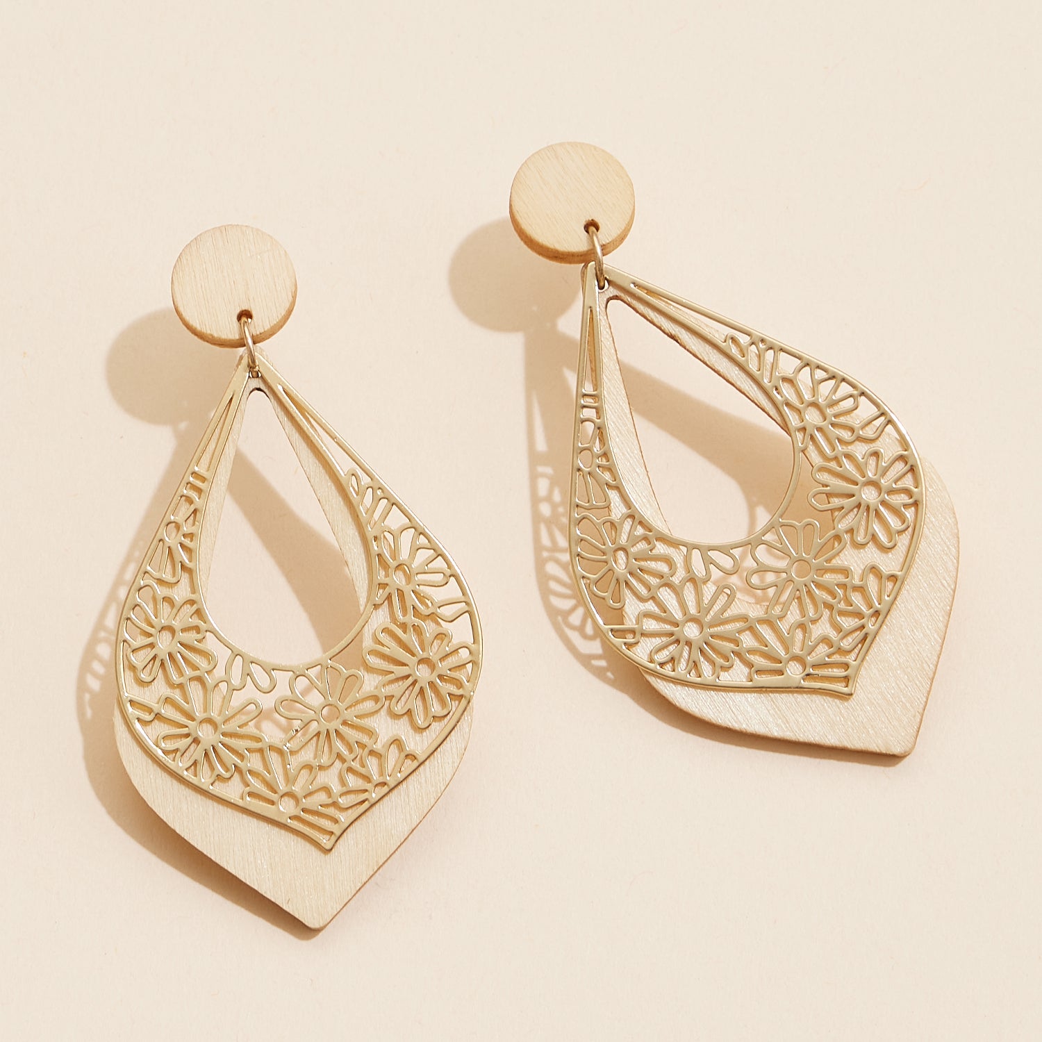 Refined Wooden Teardrop Earrings with Floral Cutout Design - Frem
