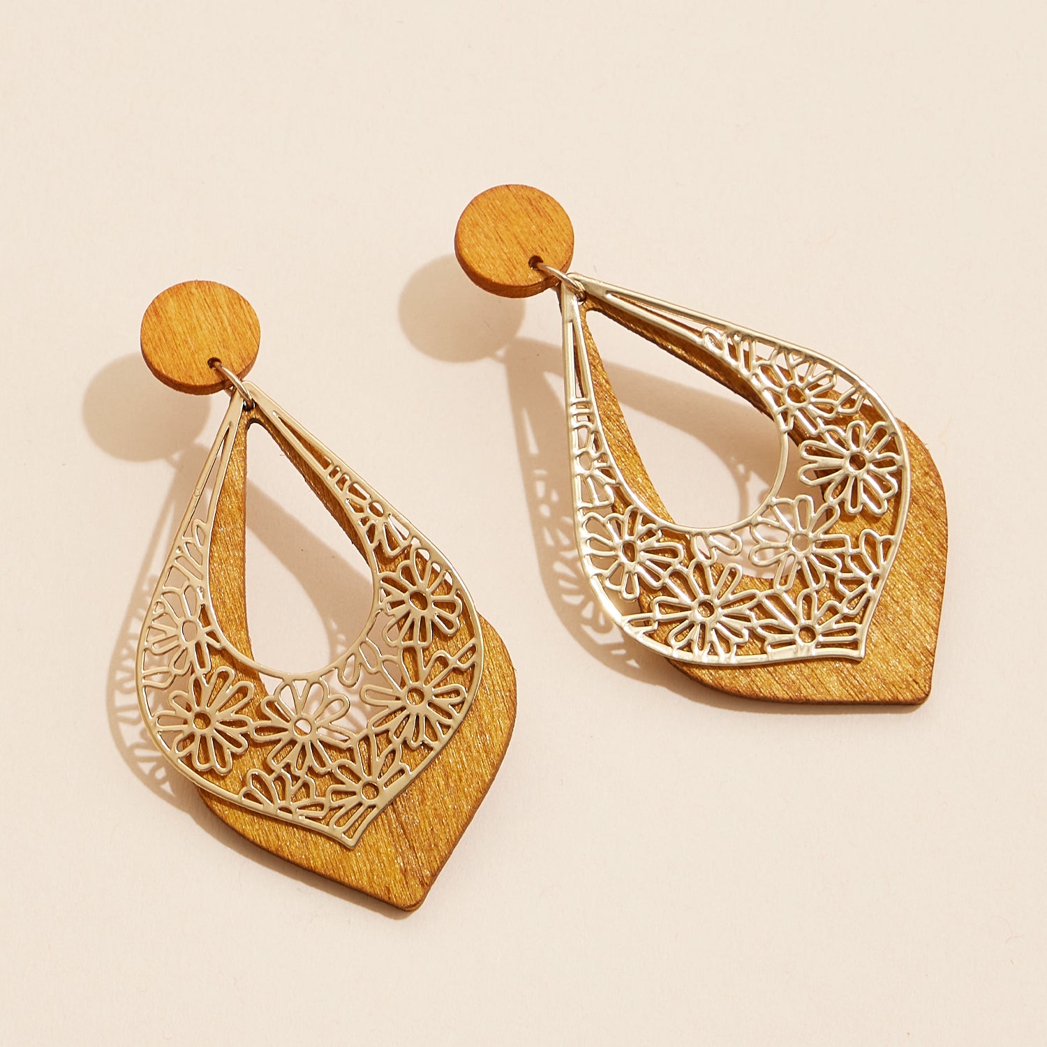 Refined Wooden Teardrop Earrings with Floral Cutout Design - Frem