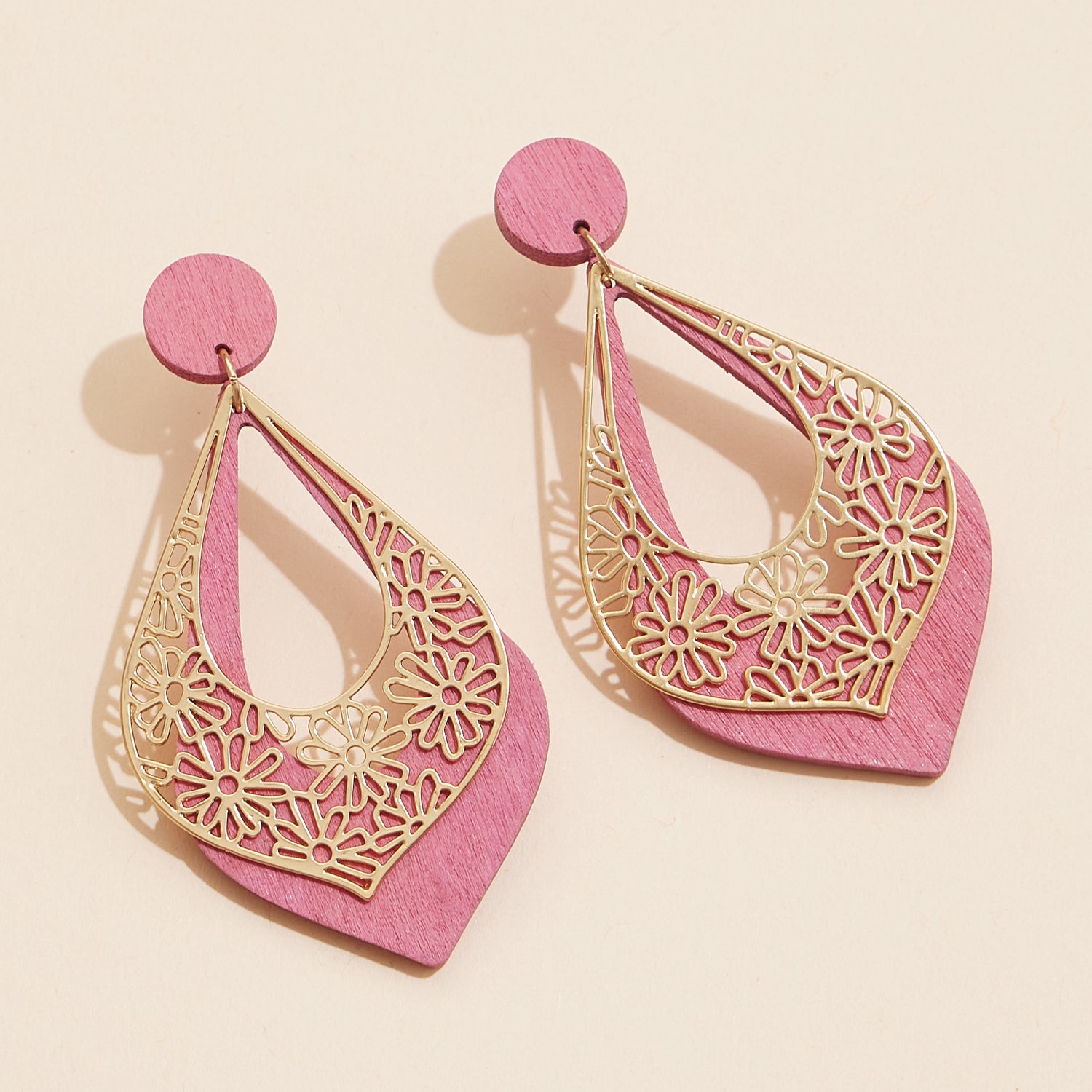 Refined Wooden Teardrop Earrings with Floral Cutout Design - Frem