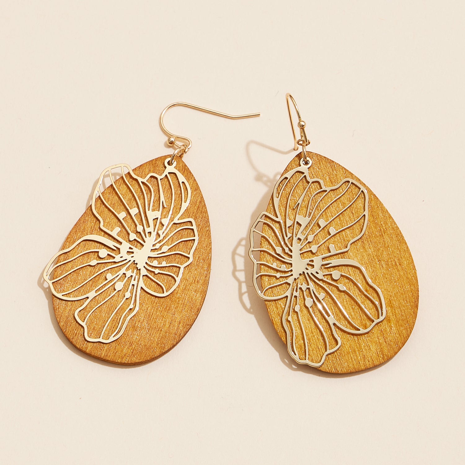 Elegant Wood and Metal Filigree Oval Dangling Earrings