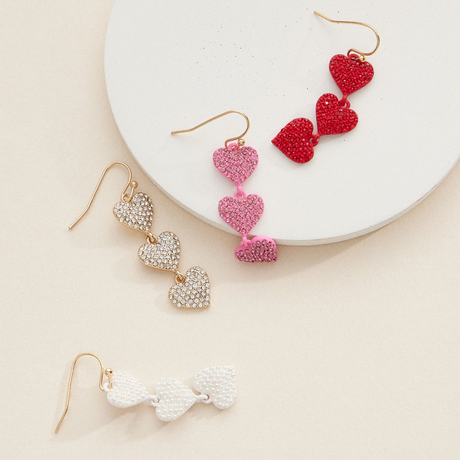 Triple Heart Drop Earrings with Sparkling Crystals in Vibrant Colors
