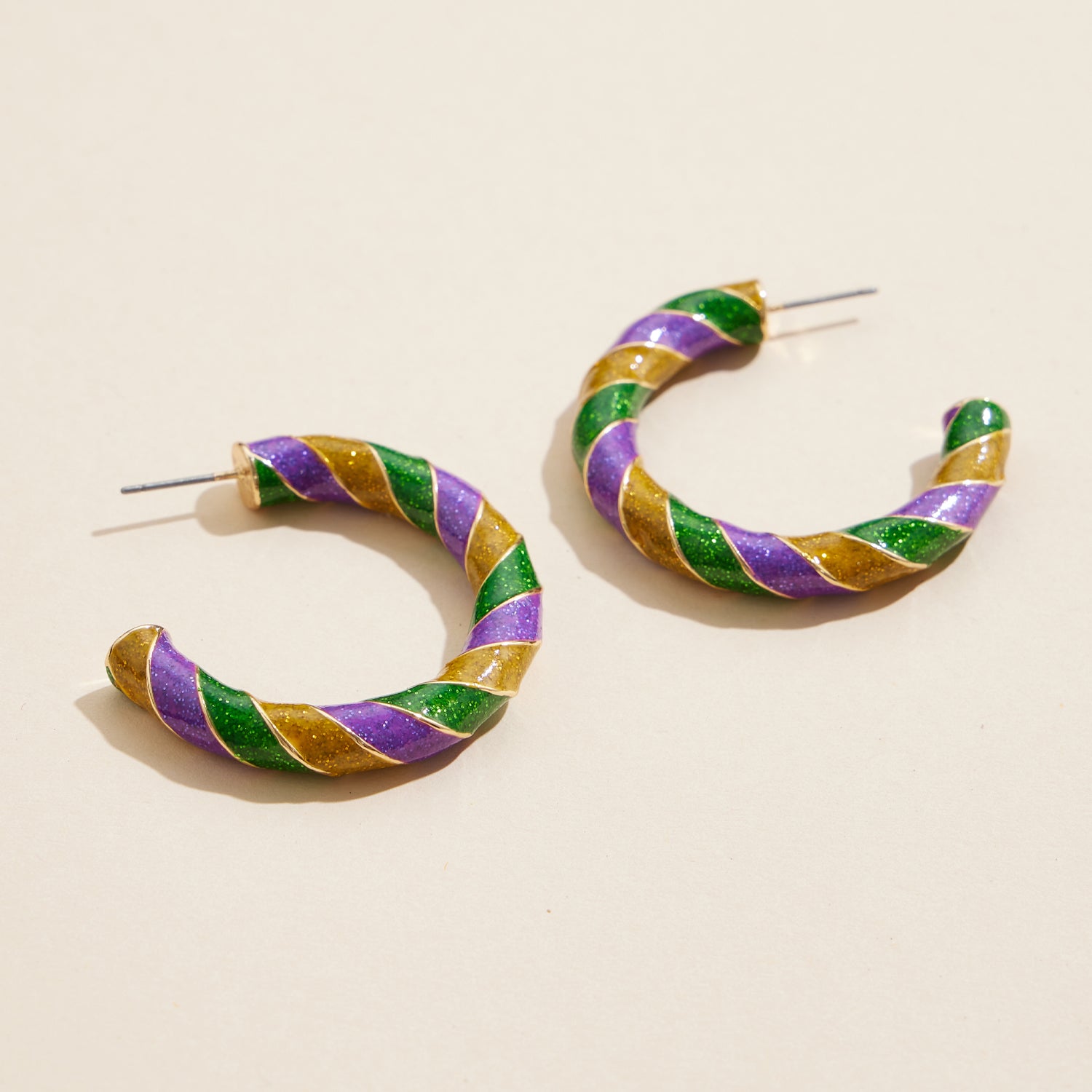 Elegant Large Mardi Gras Glitter Swirl Hoop Earrings