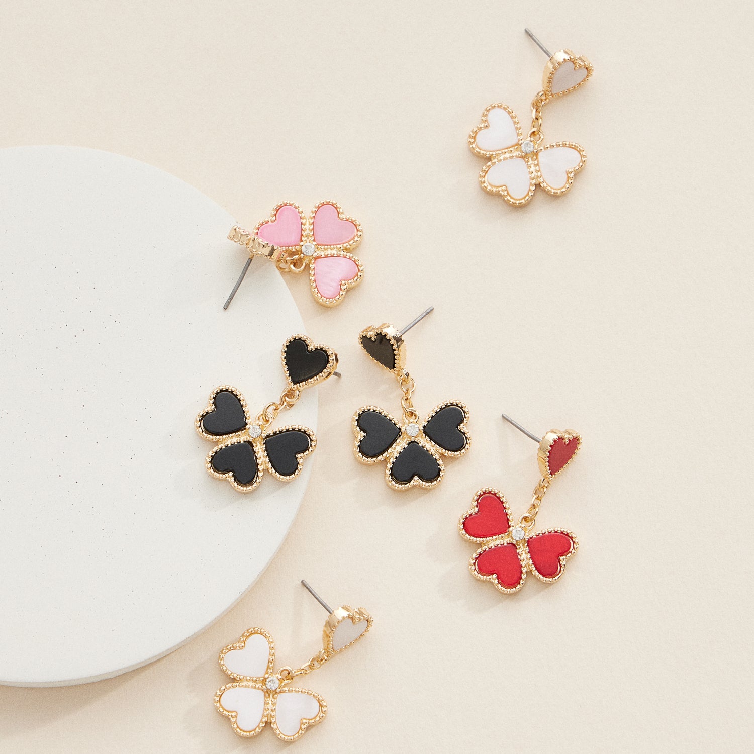 Gold and Enamel Heart-Shaped Drop Earrings