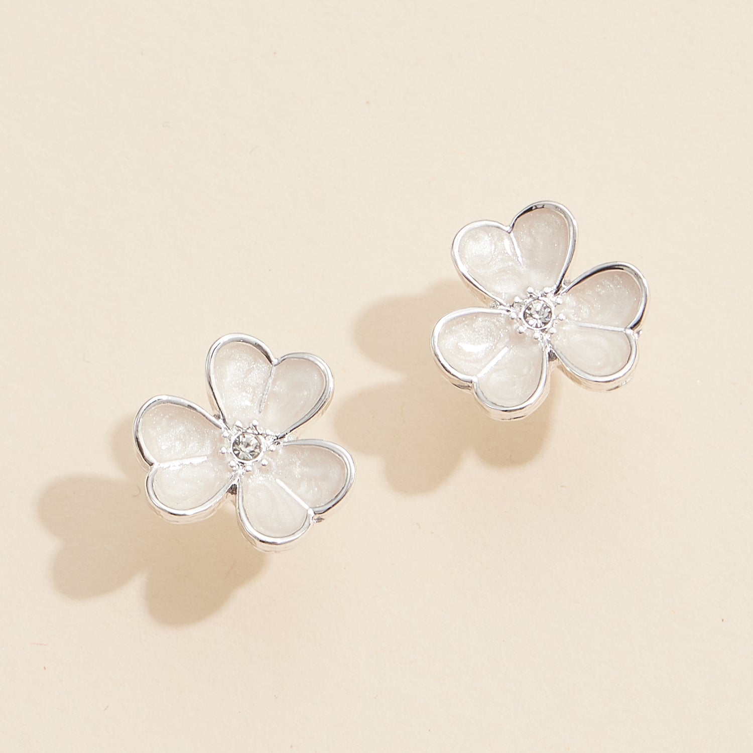 Delicate Flower Stud Earrings with Pearl Inlay and Rhinestone Center