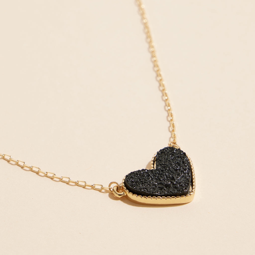 Short Necklace with Heart-Shaped Druzy Stone Charm