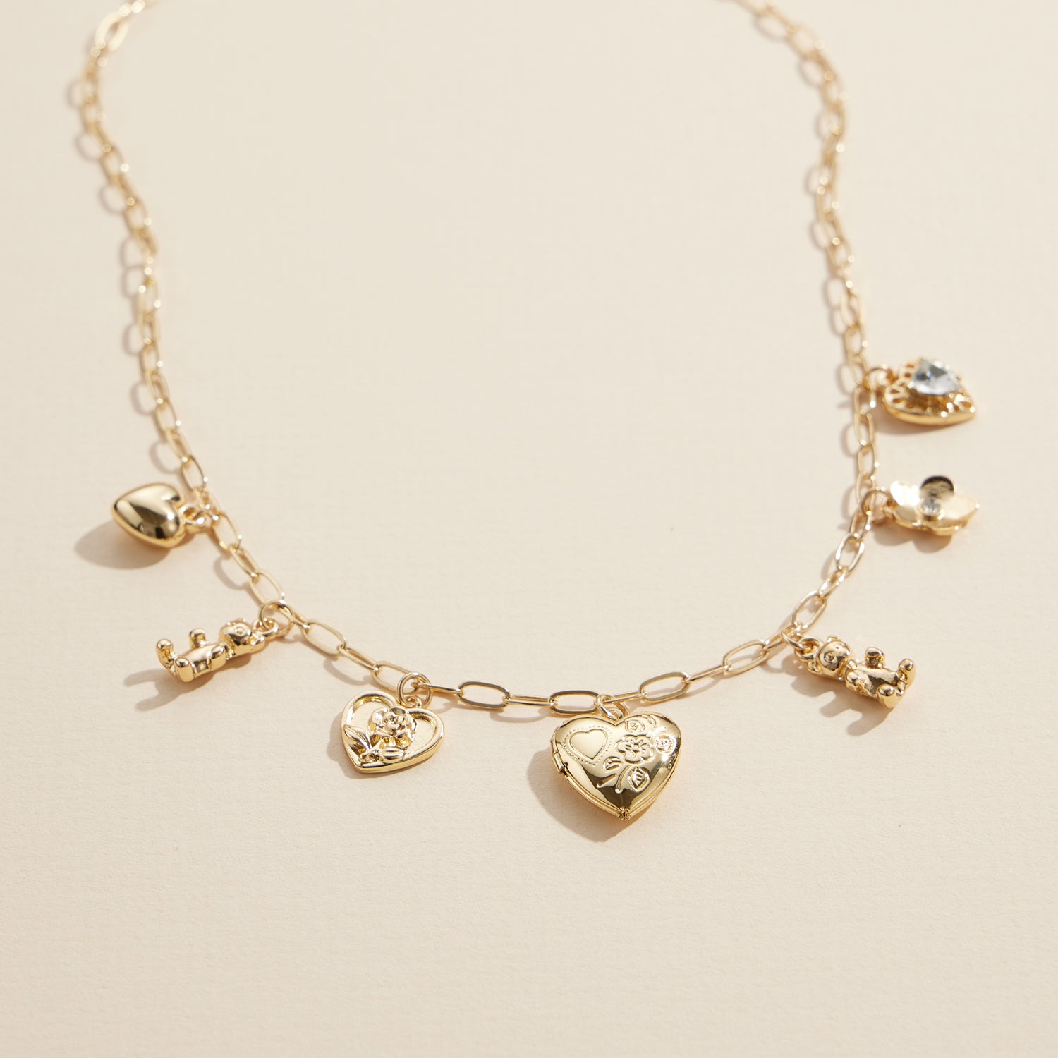 Adjustable Charm Necklace with Teddy Bear and Floral Pendants