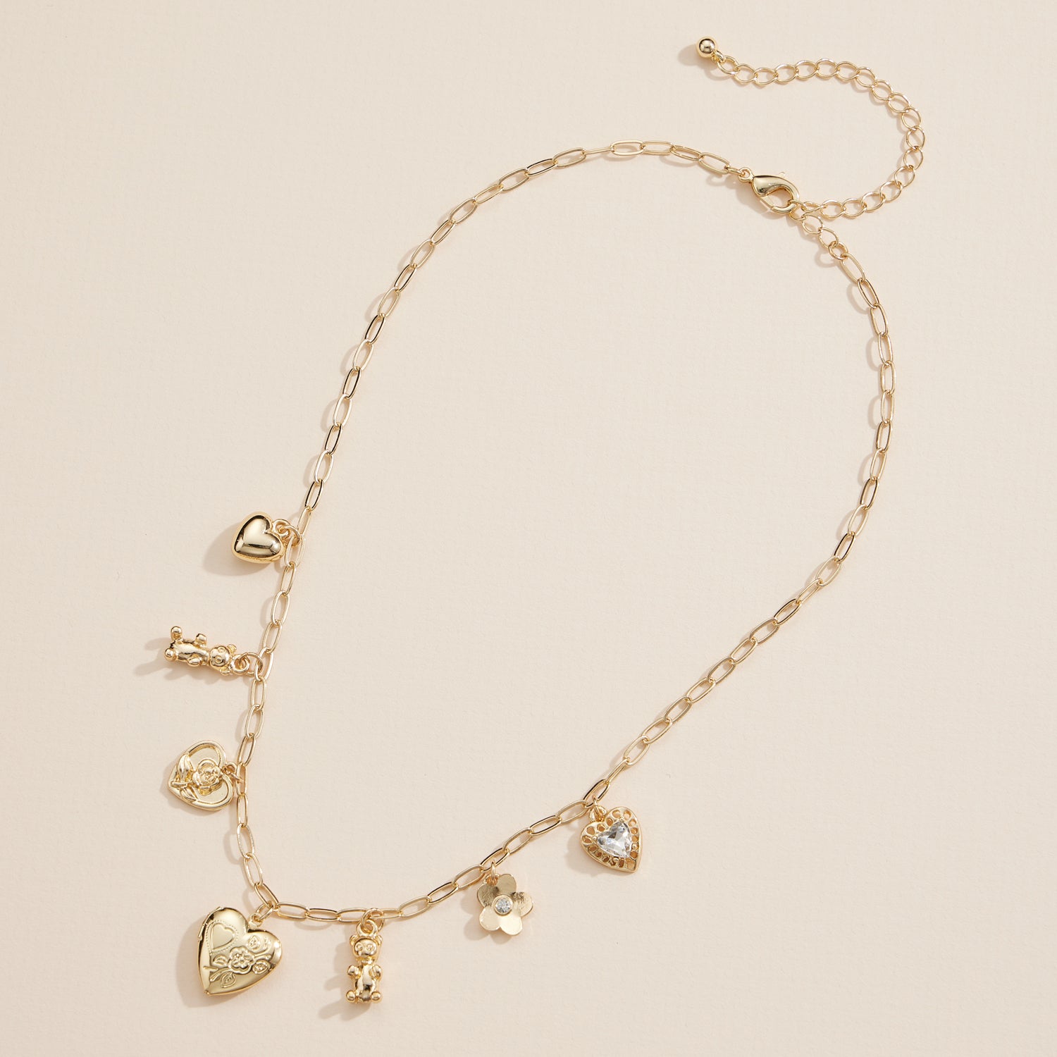 Adjustable Charm Necklace with Teddy Bear and Floral Pendants