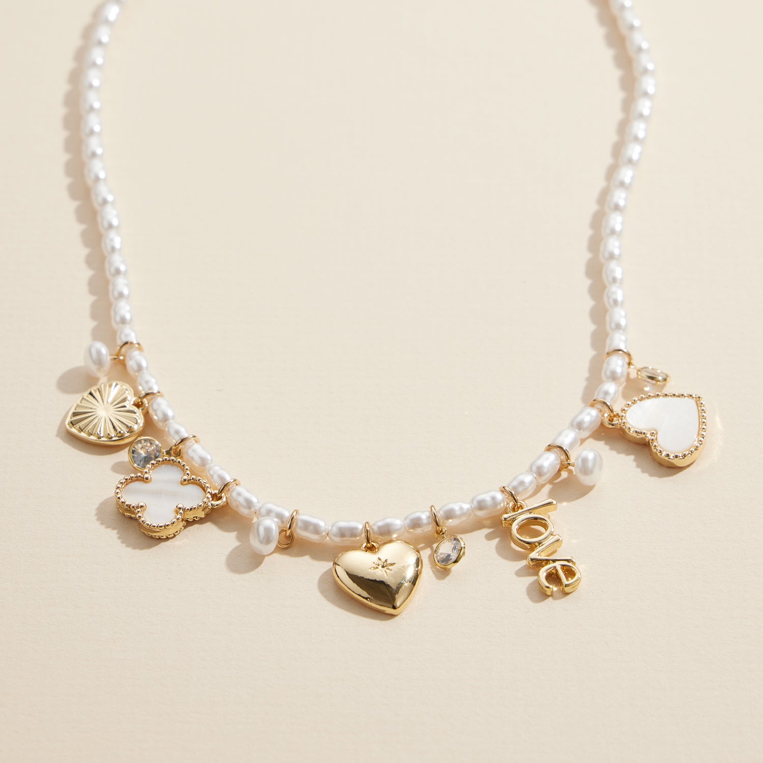 Pearl Charm Necklace with Gold and Silver Accents – Love & Heart Pendant