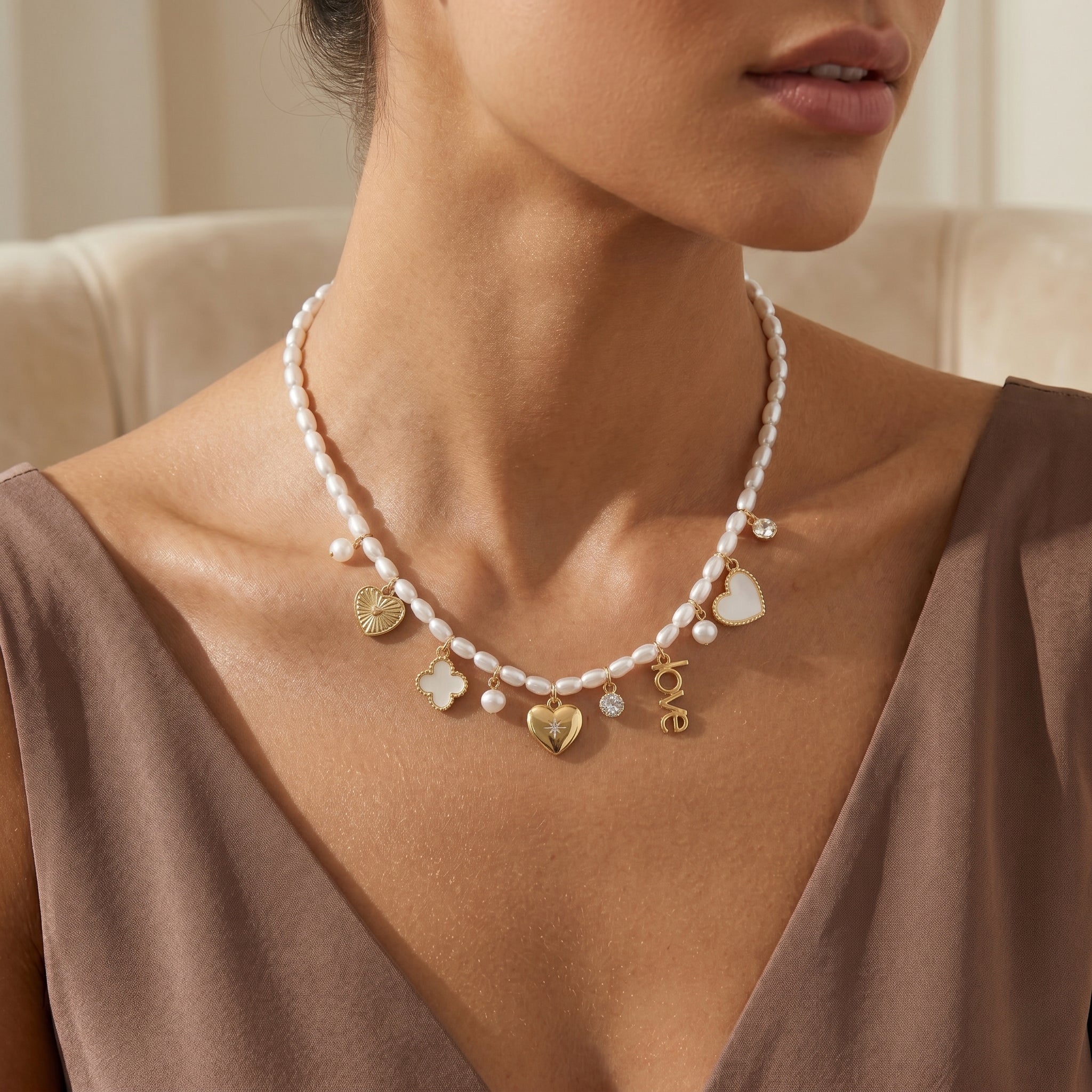 LOVE and Clover Charm Pearl Necklace
