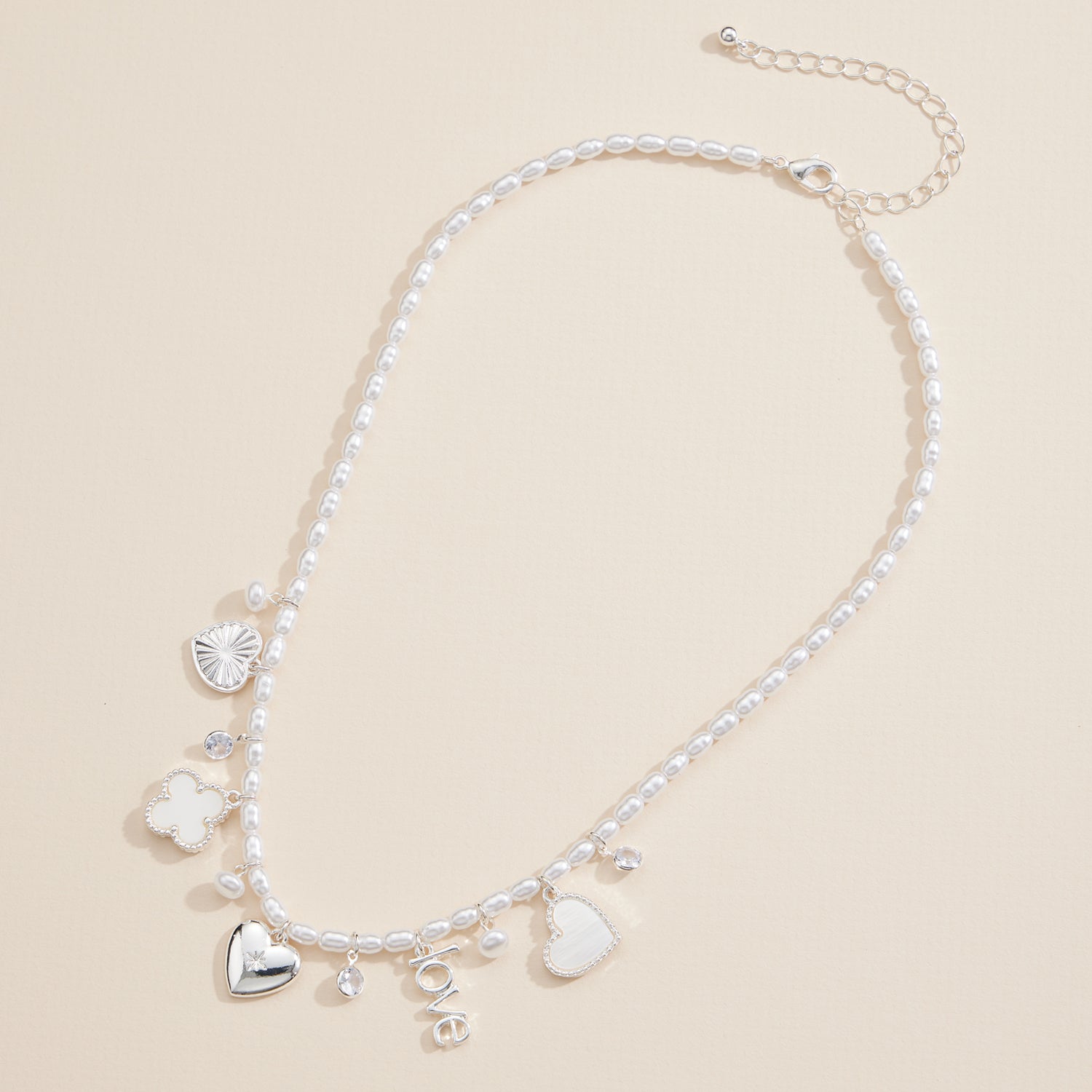 Pearl Charm Necklace with Gold and Silver Accents – Love & Heart Pendant