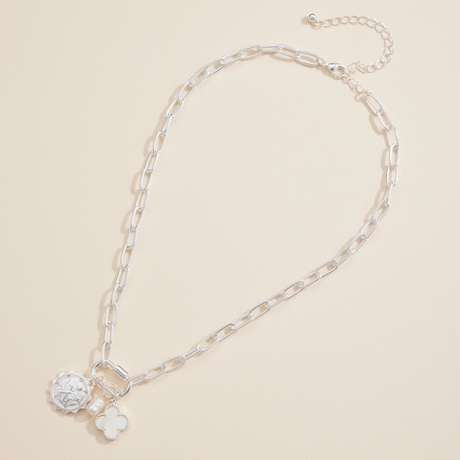 Chain Necklace with Butterfly, Pearl, and Clover Charms