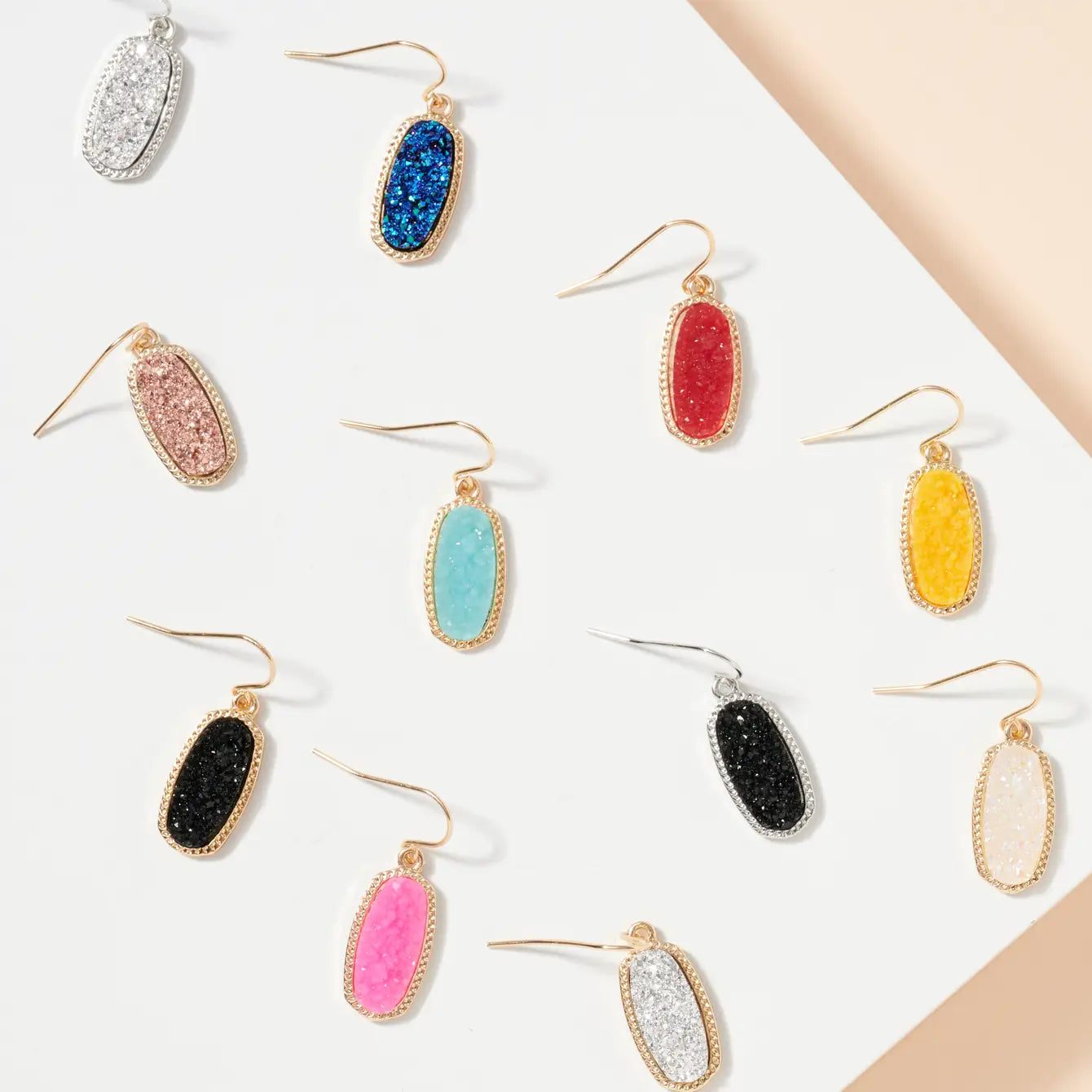Oval Druzy Stone Elegant Drop Earrings - Frem
