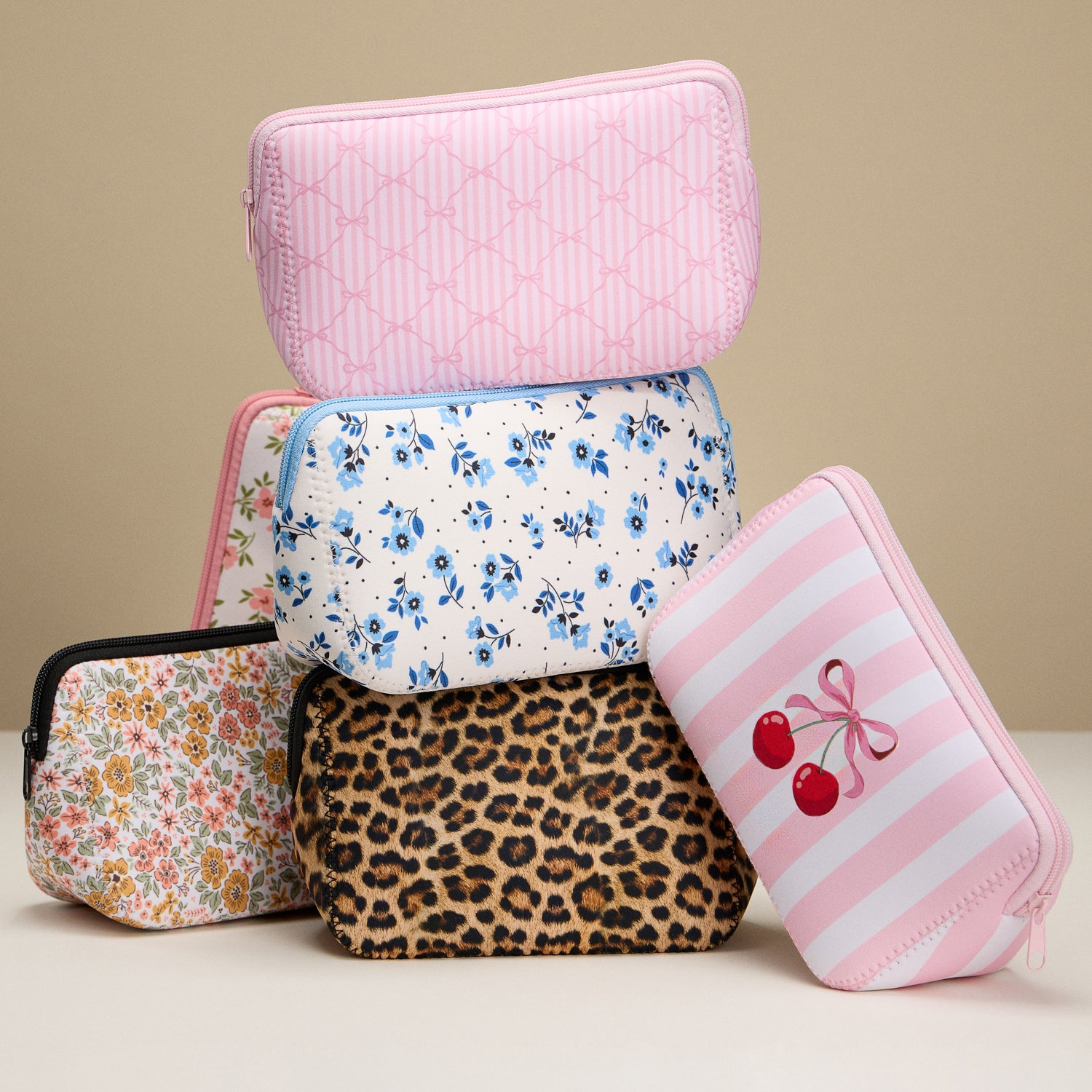 Chic Cherry Bow Stripe Neoprene Makeup Bag