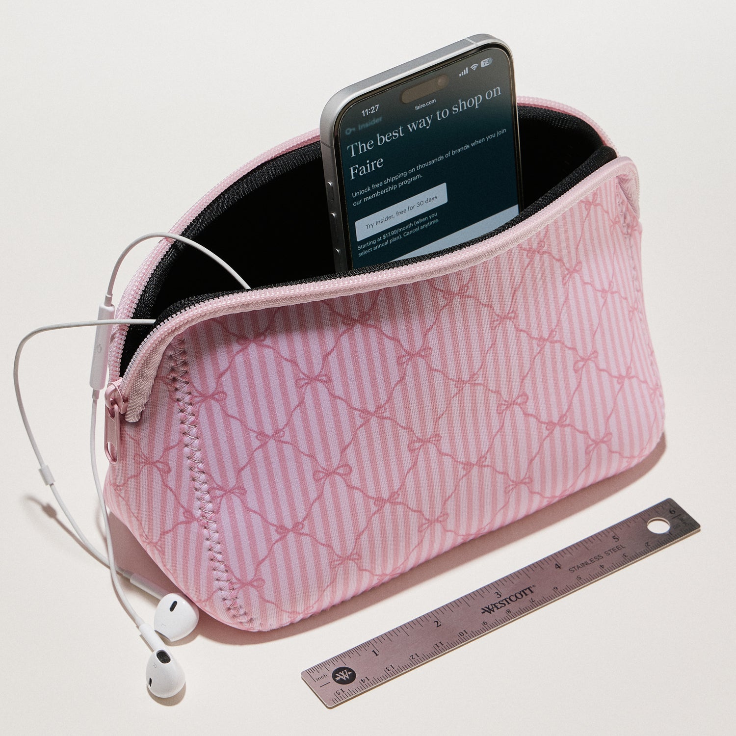 Pink Bow Stripe Cosmetic Bag