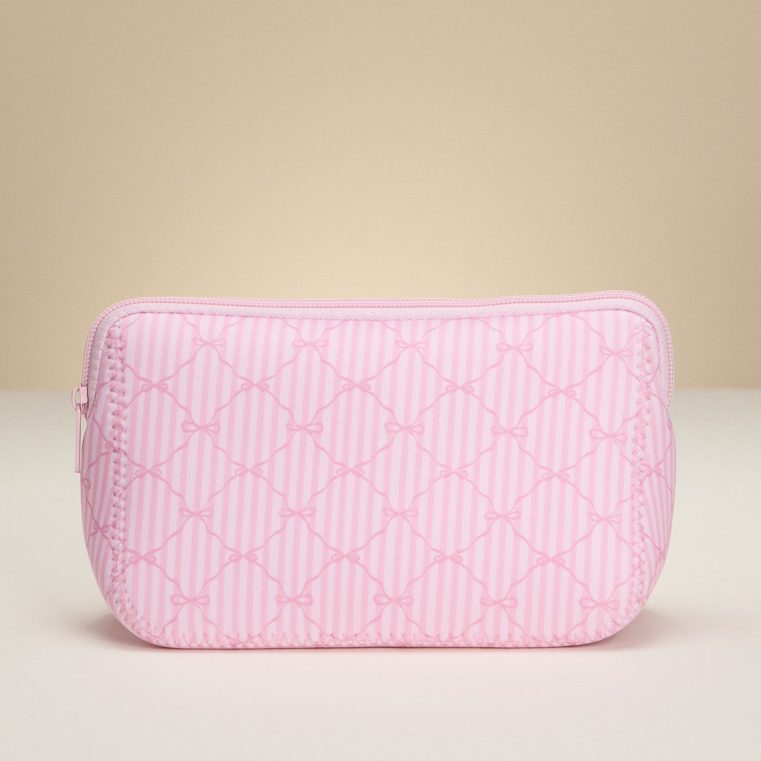 Top Zipper Cosmetic PoucChic Pink Bow Stripe Neoprene Pouchhes-Neoprene